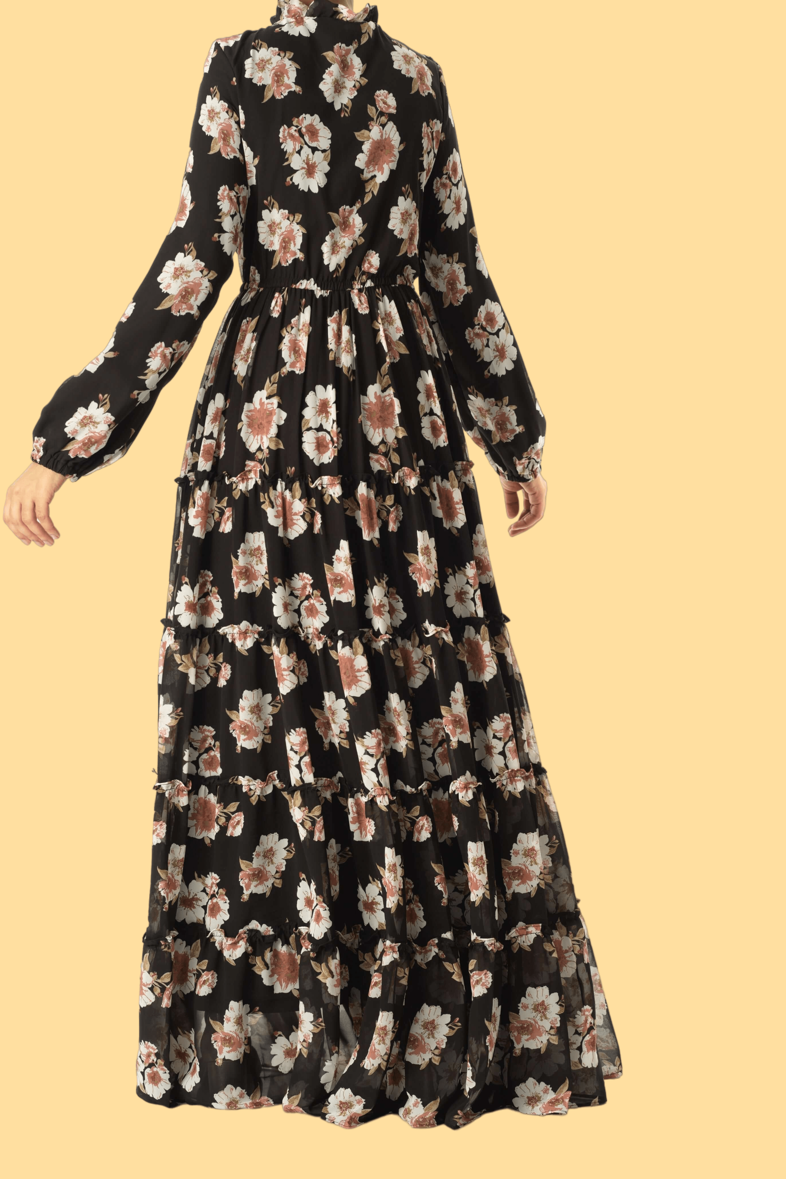 Black Hibiscus floral print modest dress Kabayare