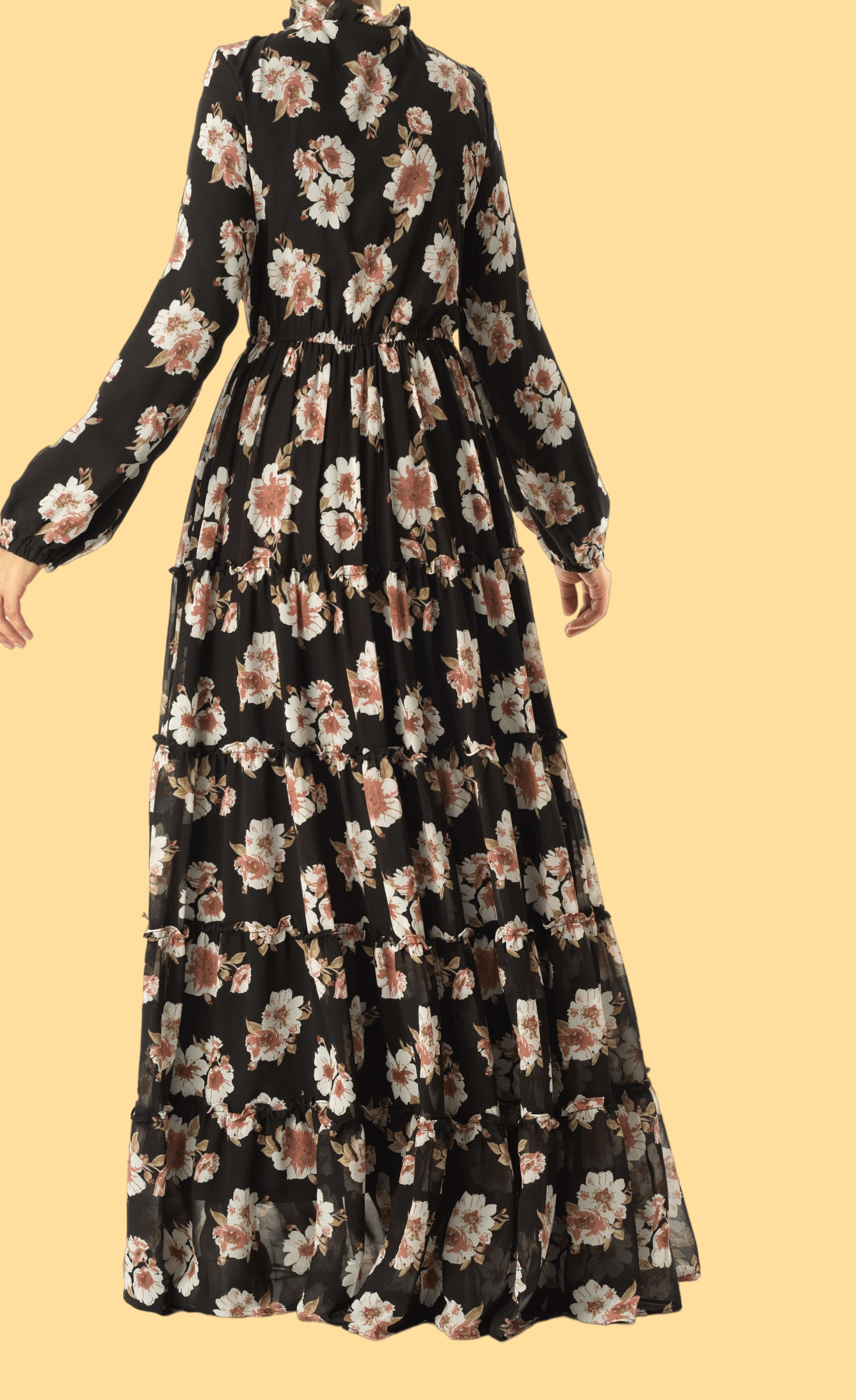 Black Hibiscus floral print modest dress Kabayare