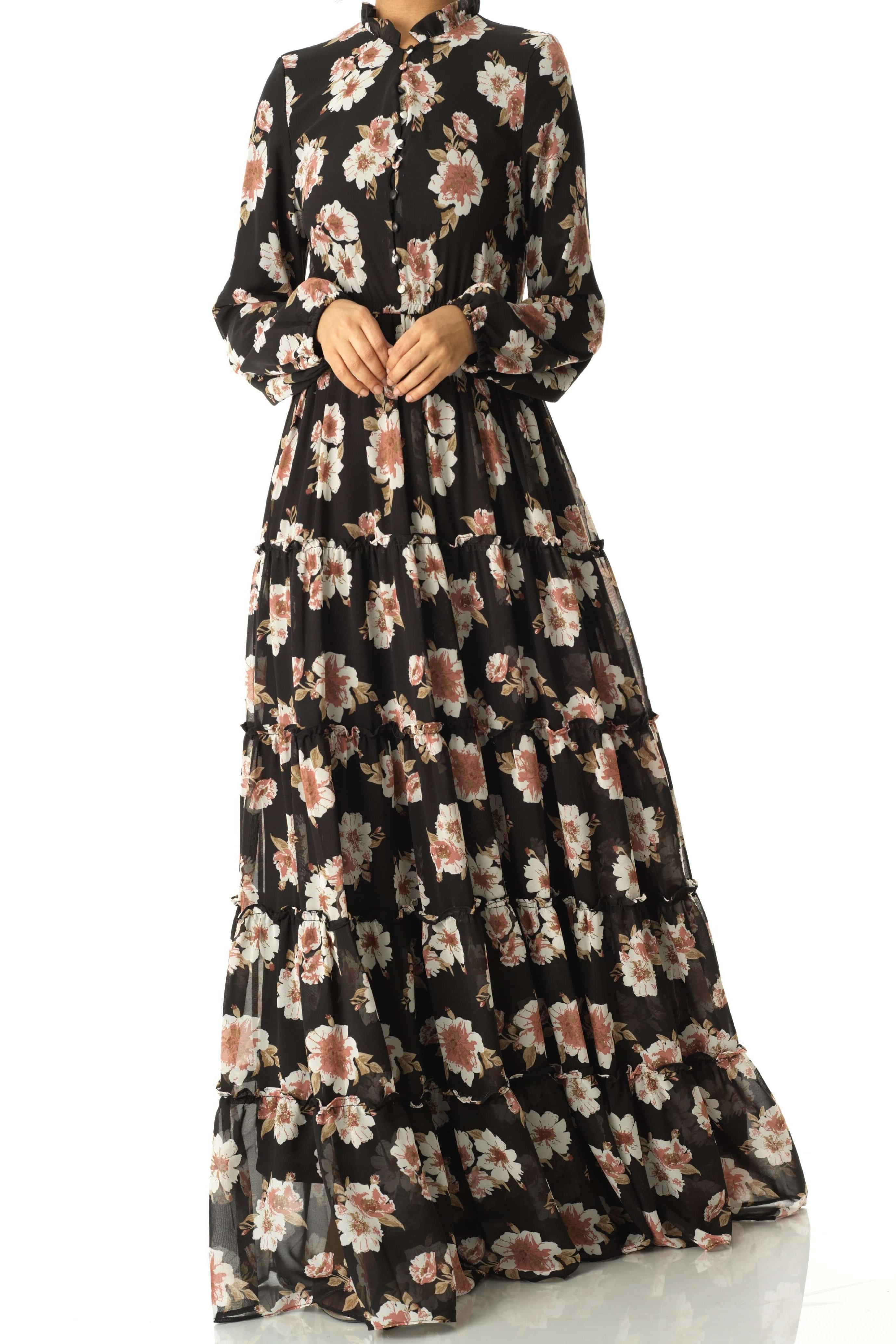 Black Hibiscus floral print modest maxi dress Kabayare
