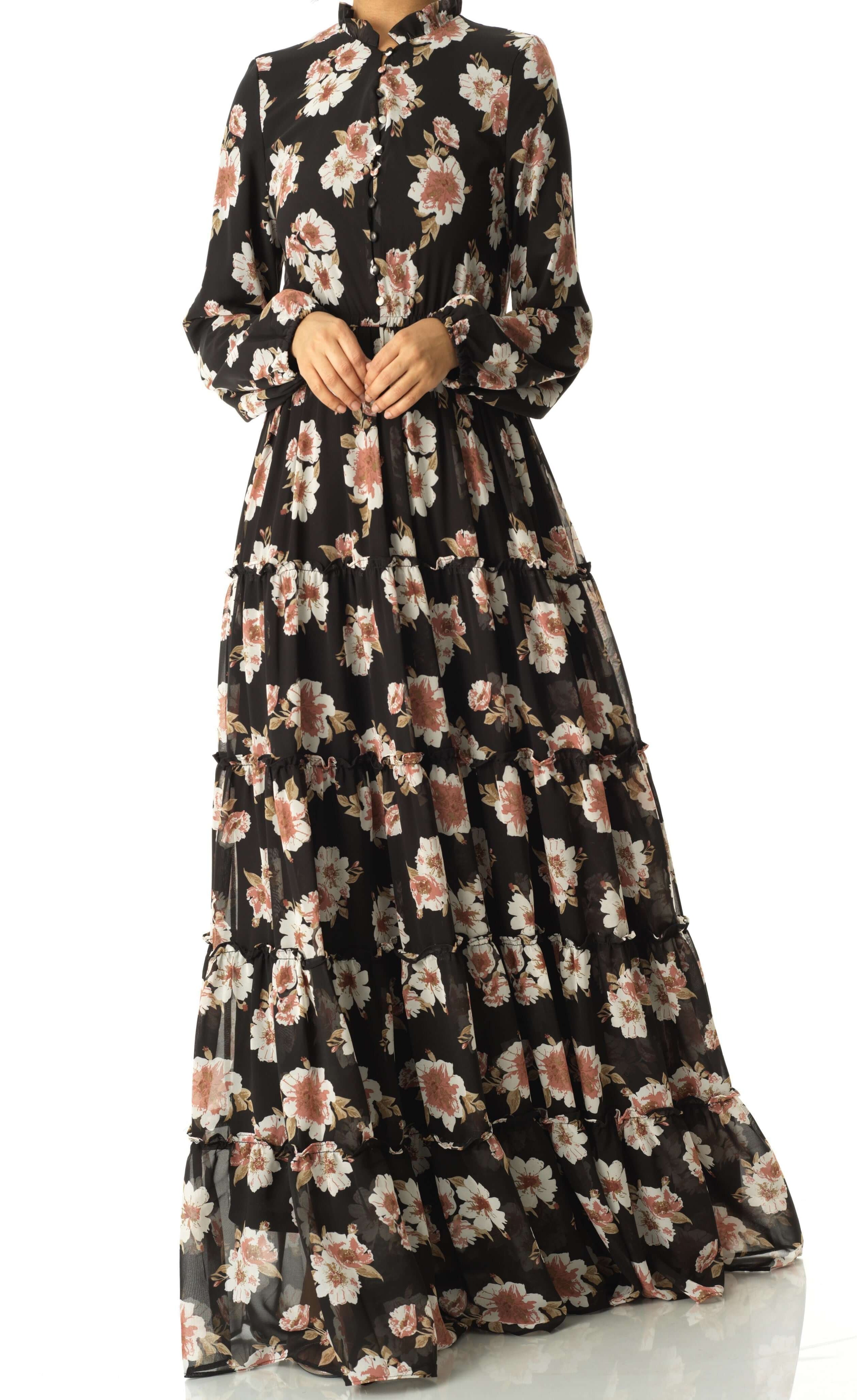 Black Hibiscus floral print modest maxi dress Kabayare