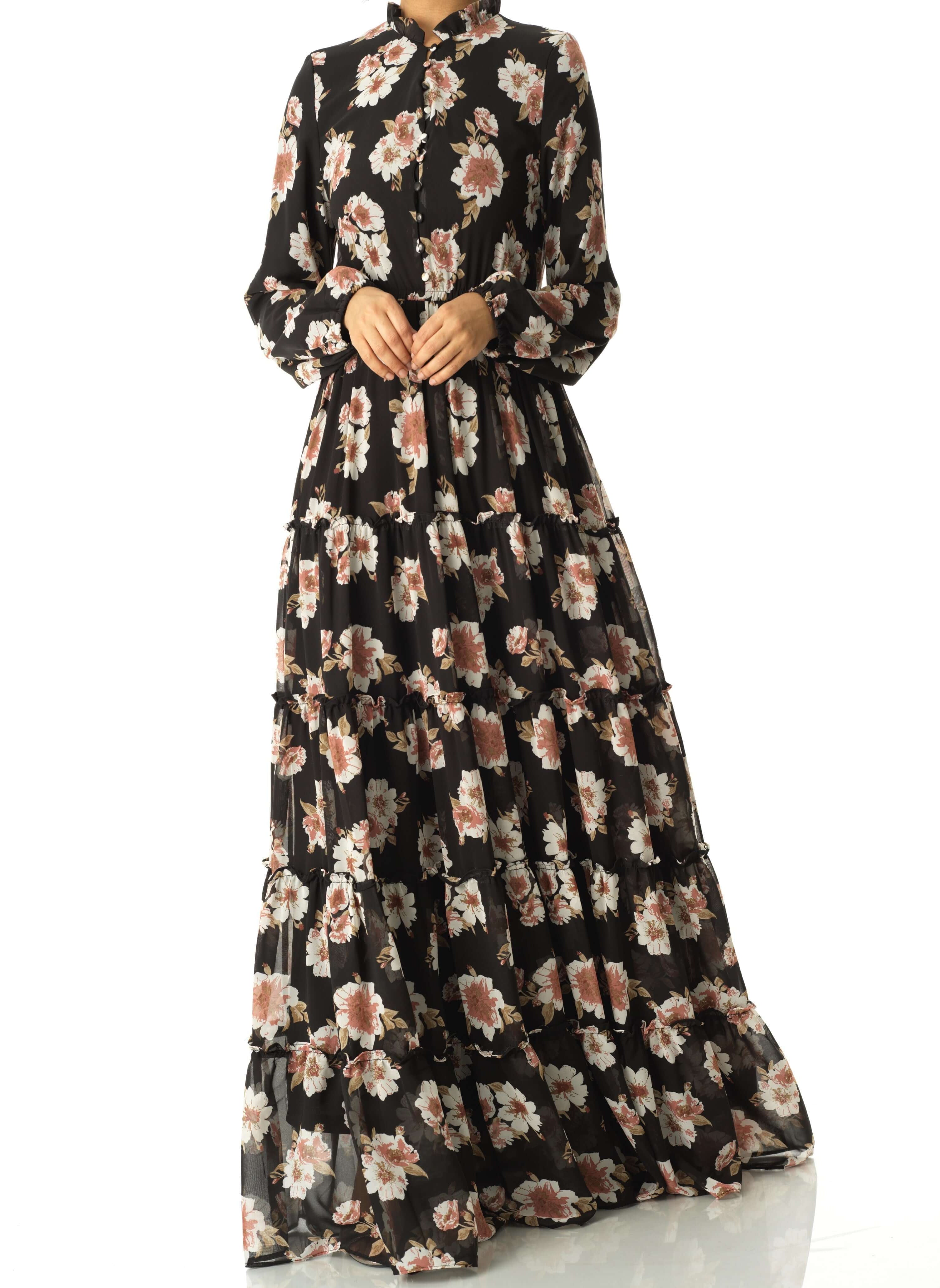 Black Hibiscus floral print modest maxi dress Kabayare