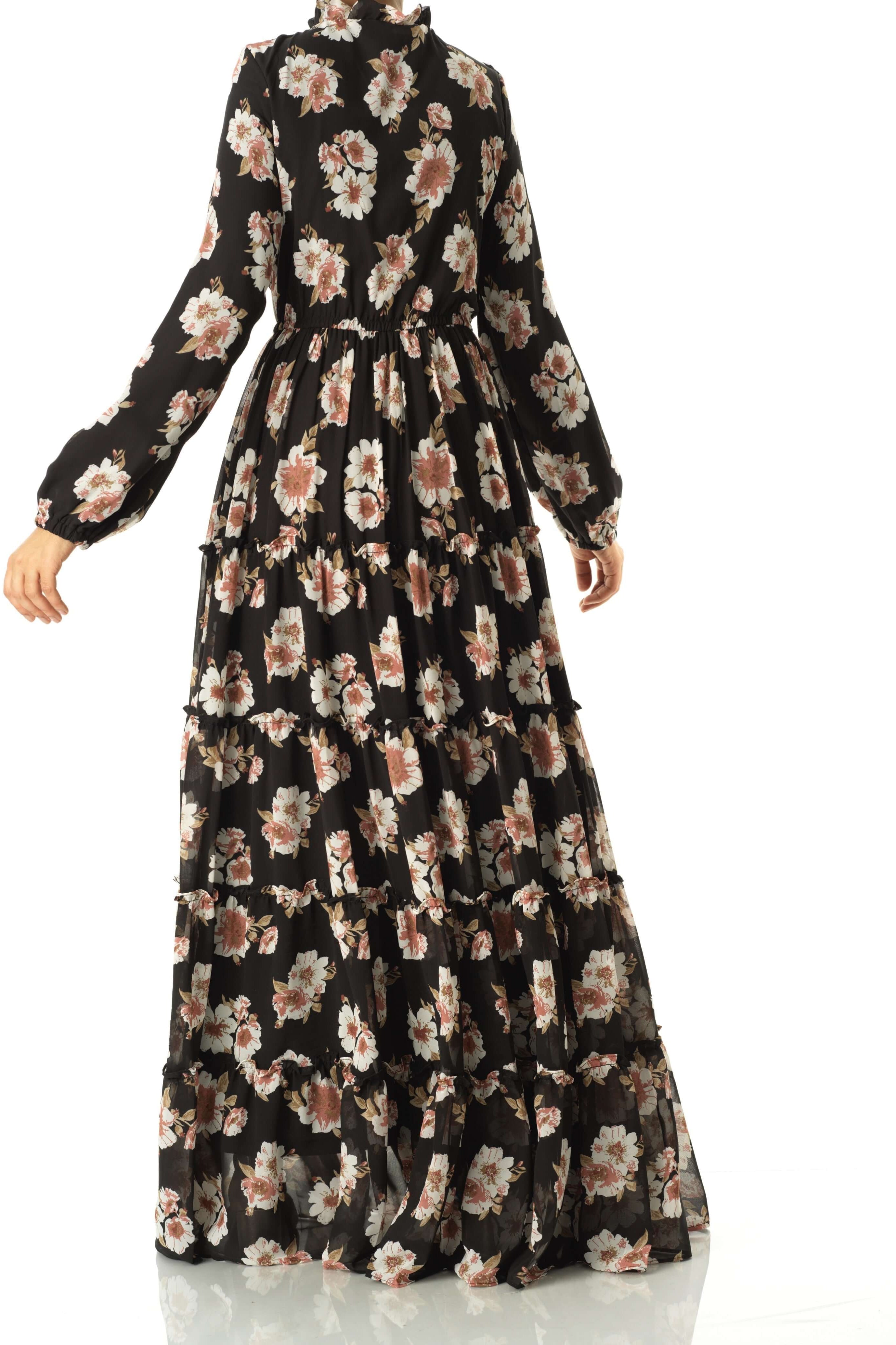 Black Hibiscus floral print modest maxi dress Kabayare