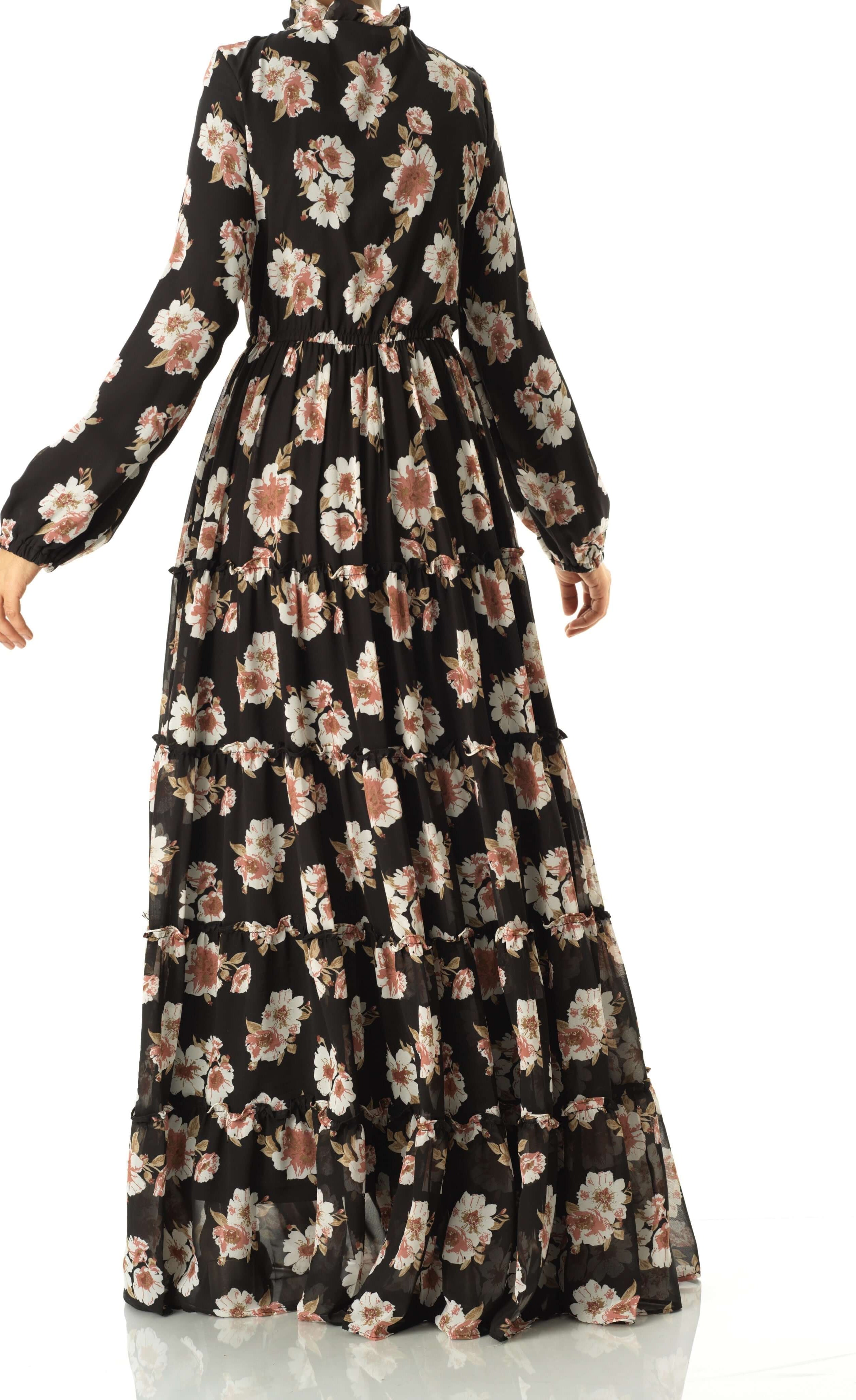 Black Hibiscus floral print modest maxi dress Kabayare