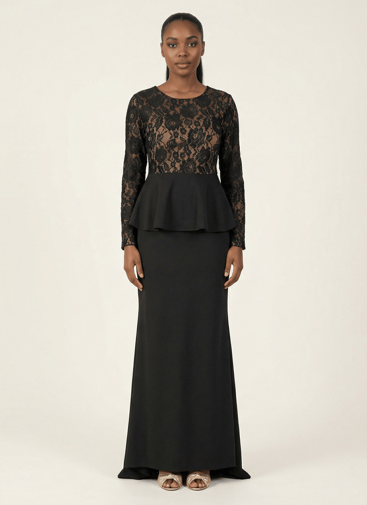 Black lace-top peplum modest dress Kabayare