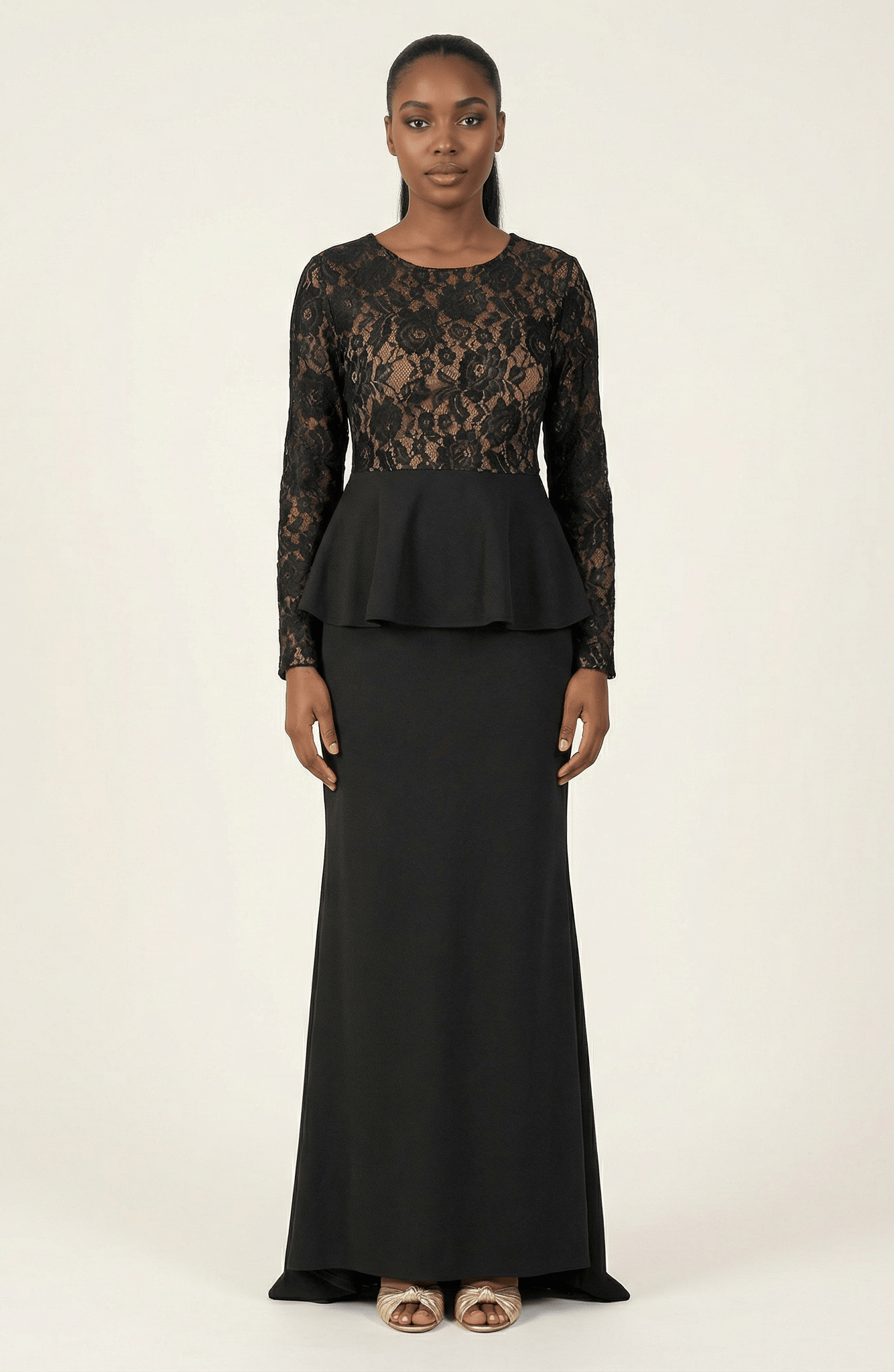 Black lace-top peplum modest dress Kabayare
