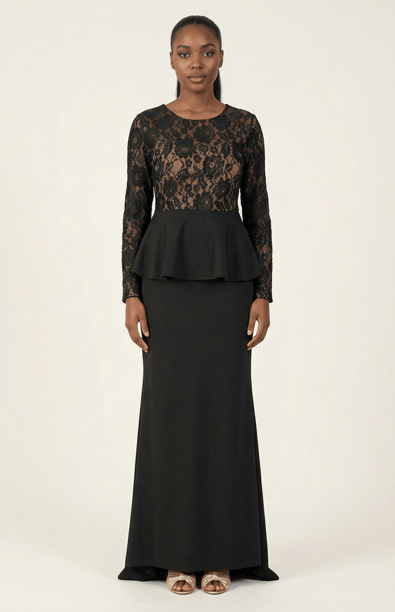 Black lace-top peplum modest dress Kabayare
