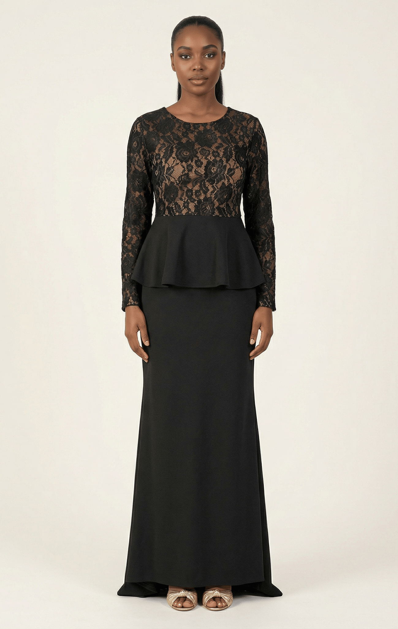 Black lace-top peplum modest dress Kabayare
