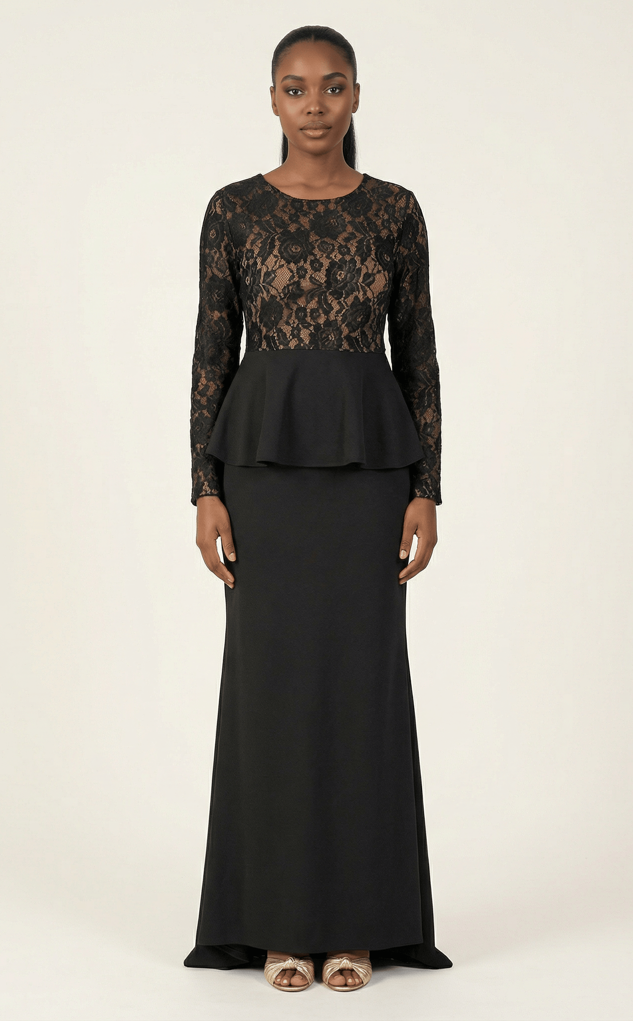 Black lace-top peplum modest dress Kabayare