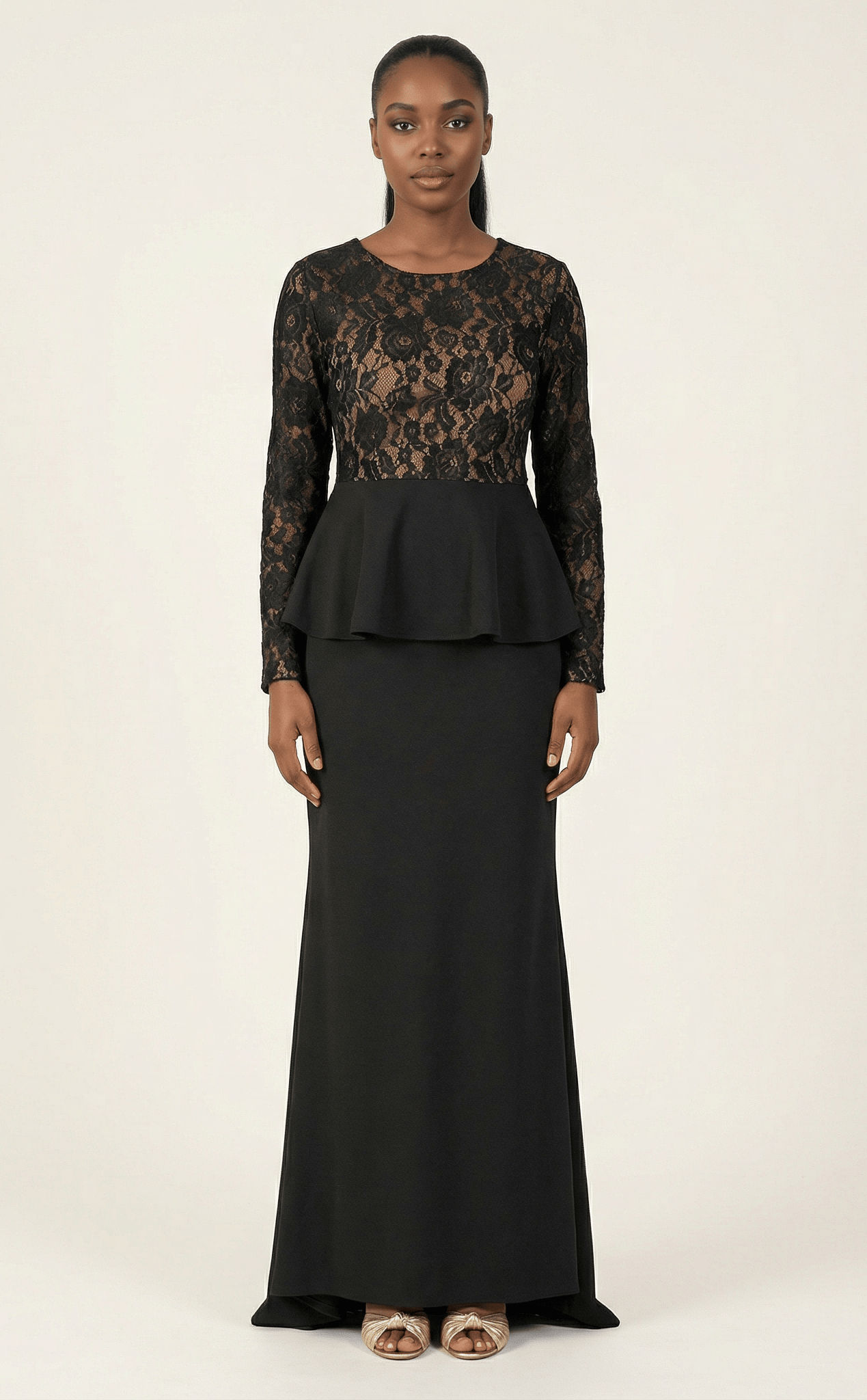 Black lace-top peplum modest dress Kabayare