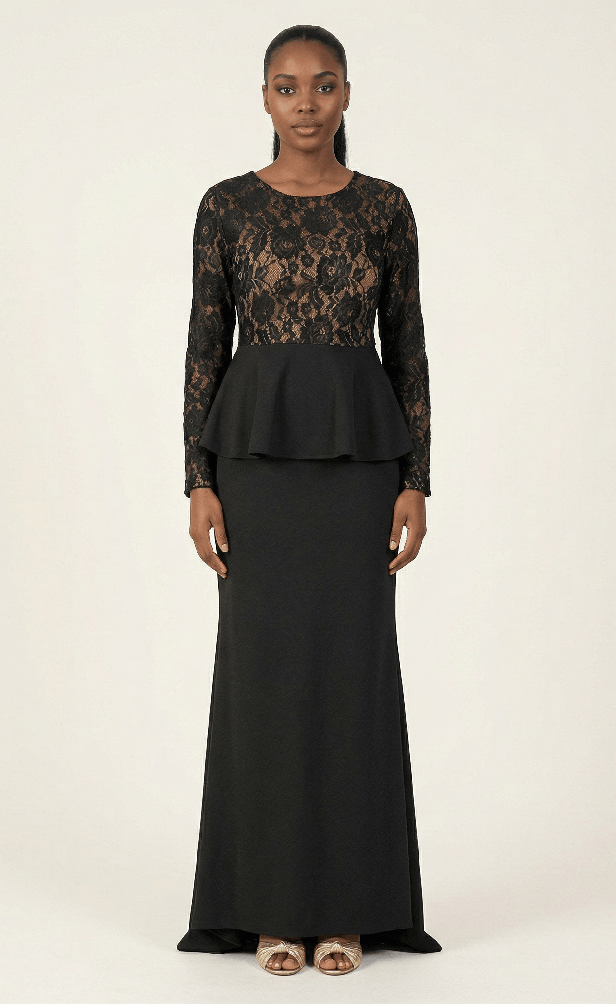 Black lace-top peplum modest dress Kabayare