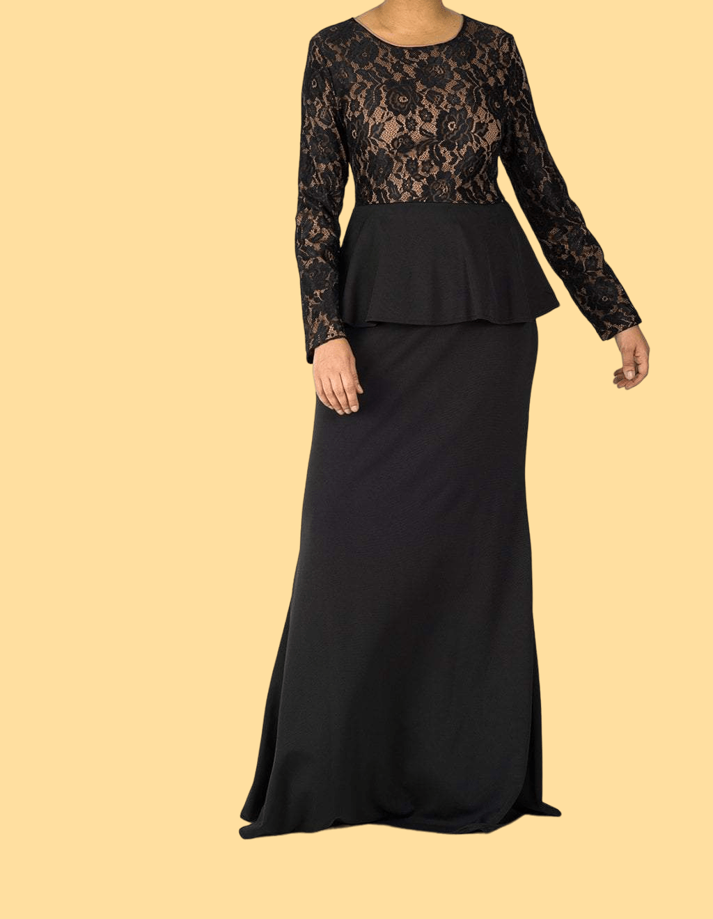 Black lace-top peplum modest dress Kabayare