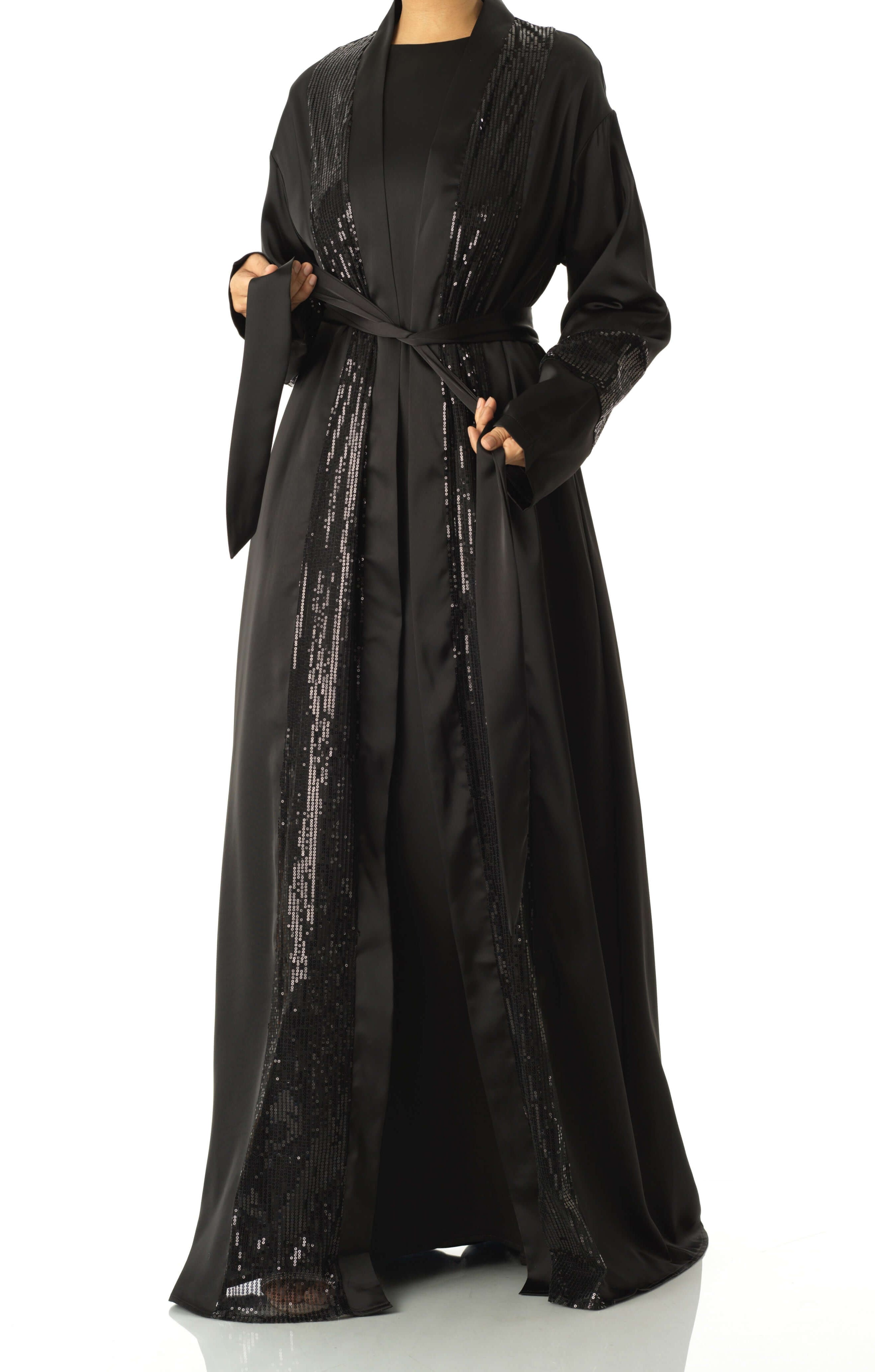 Black Malika sequin Abaya satin set Kabayare