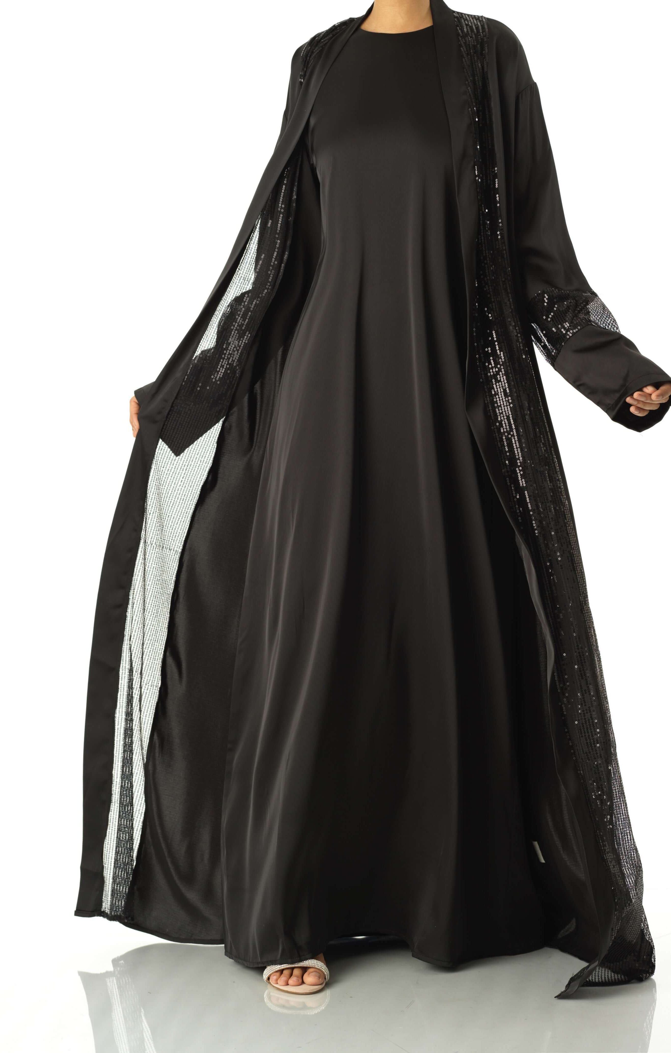 Black Malika sequin Abaya satin set Kabayare