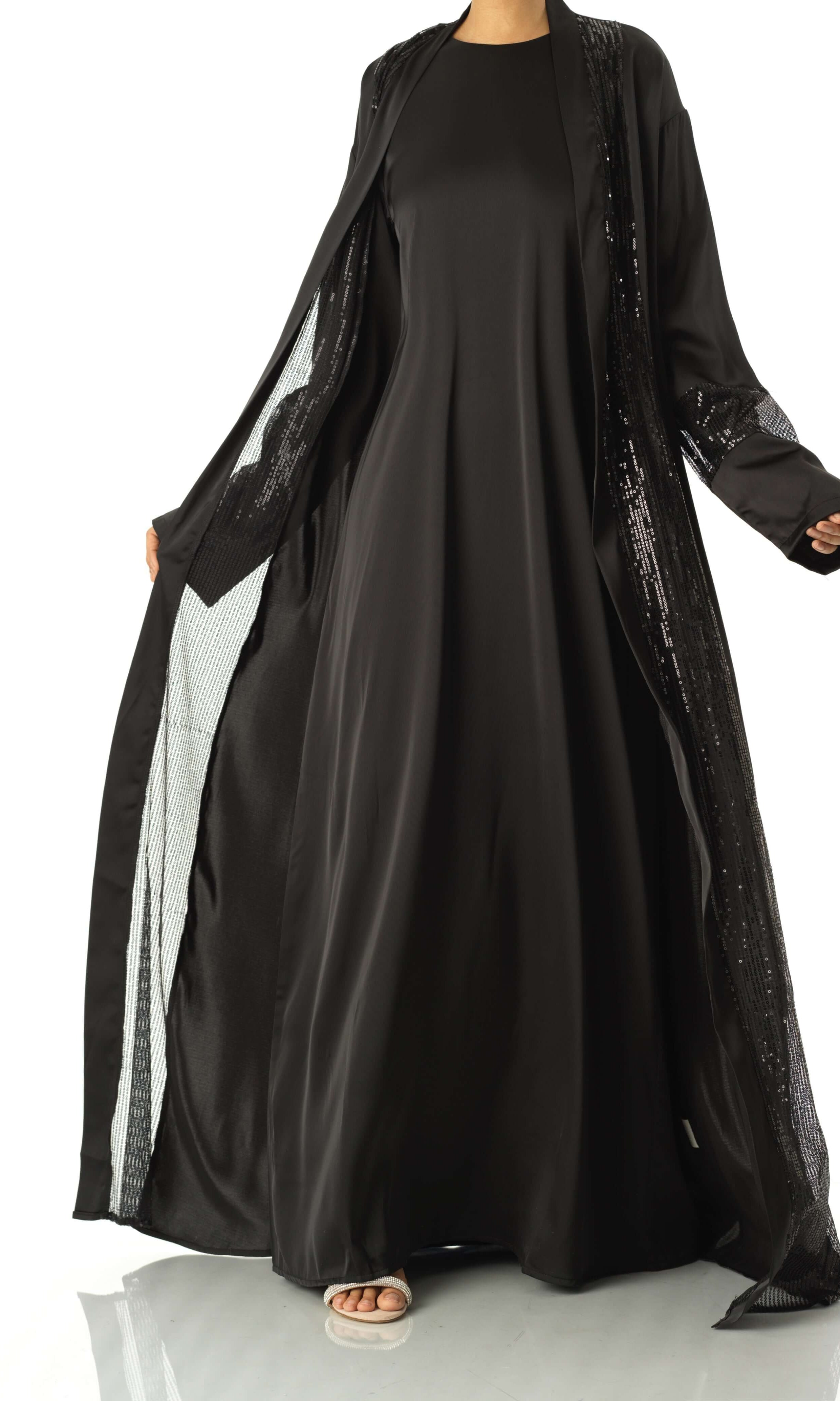 Black Malika sequin Abaya satin set Kabayare