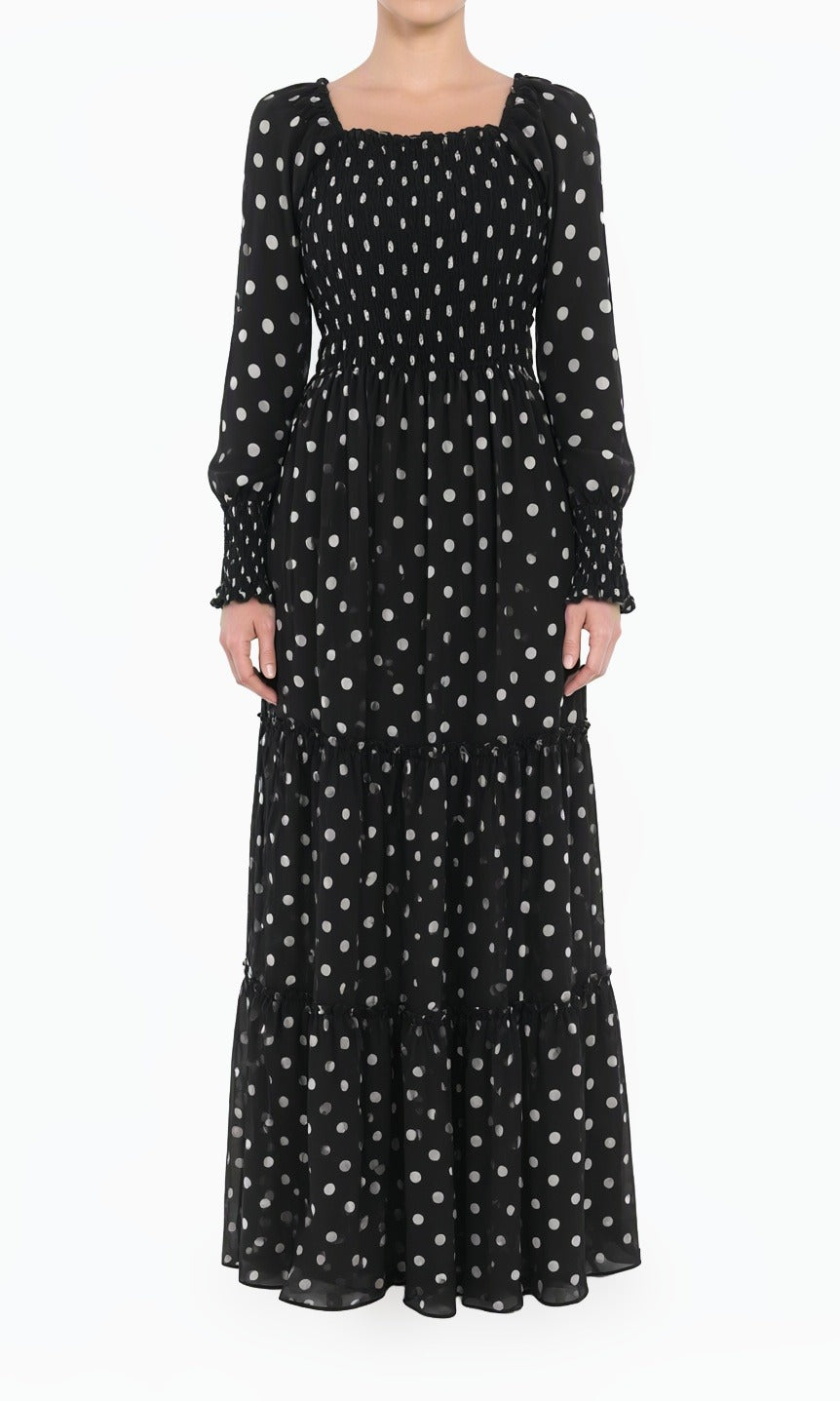 Black Polka Dot Sorrento Smocked Tiered Modest Maxi Dress Kabayare