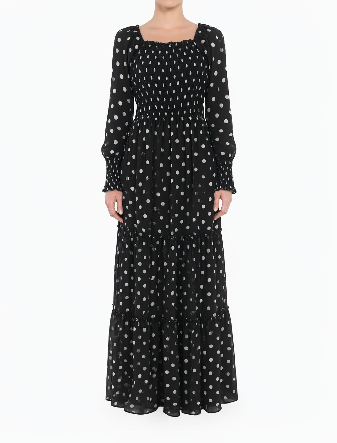 Black Polka Dot Sorrento Smocked Tiered Modest Maxi Dress Kabayare