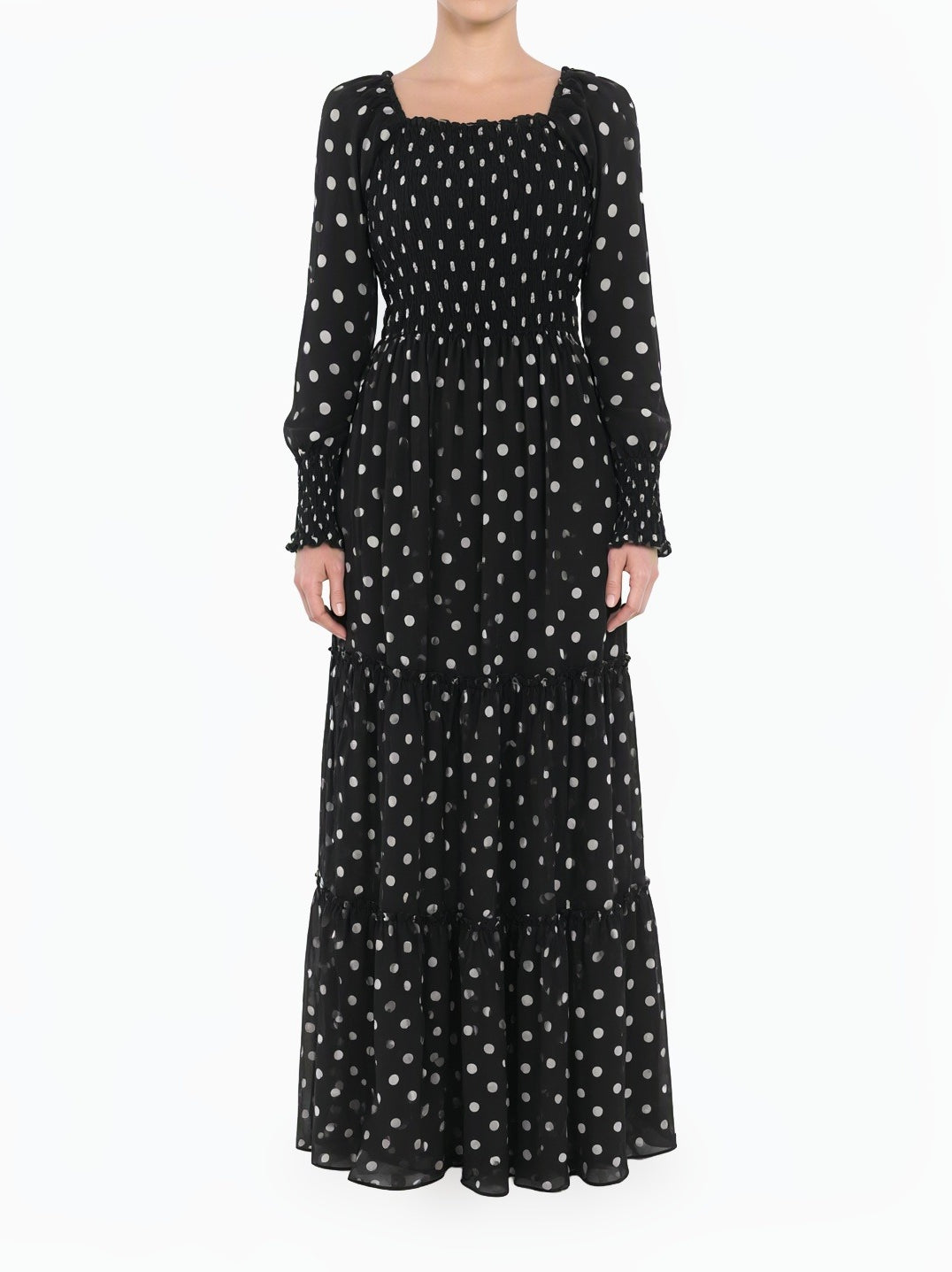 Black Polka Dot Sorrento Smocked Tiered Modest Maxi Dress Kabayare