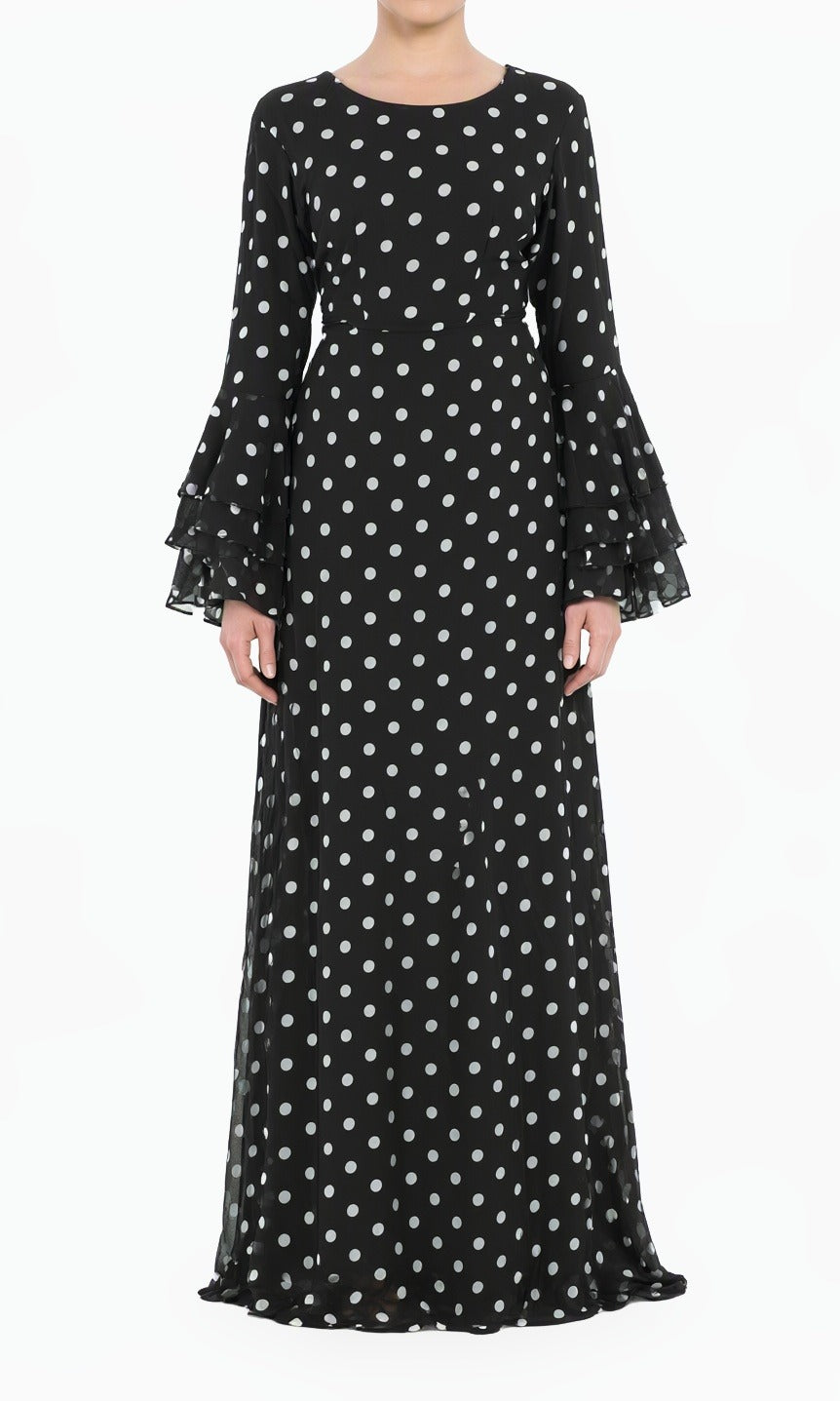 Black Polka Dot Verona Bell Sleeve Modest Maxi Dress Kabayare