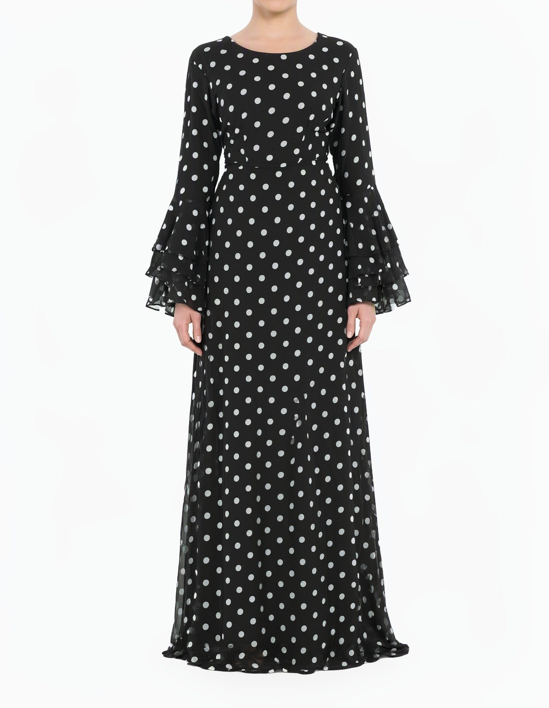 Black Polka Dot Verona Bell Sleeve Modest Maxi Dress Kabayare