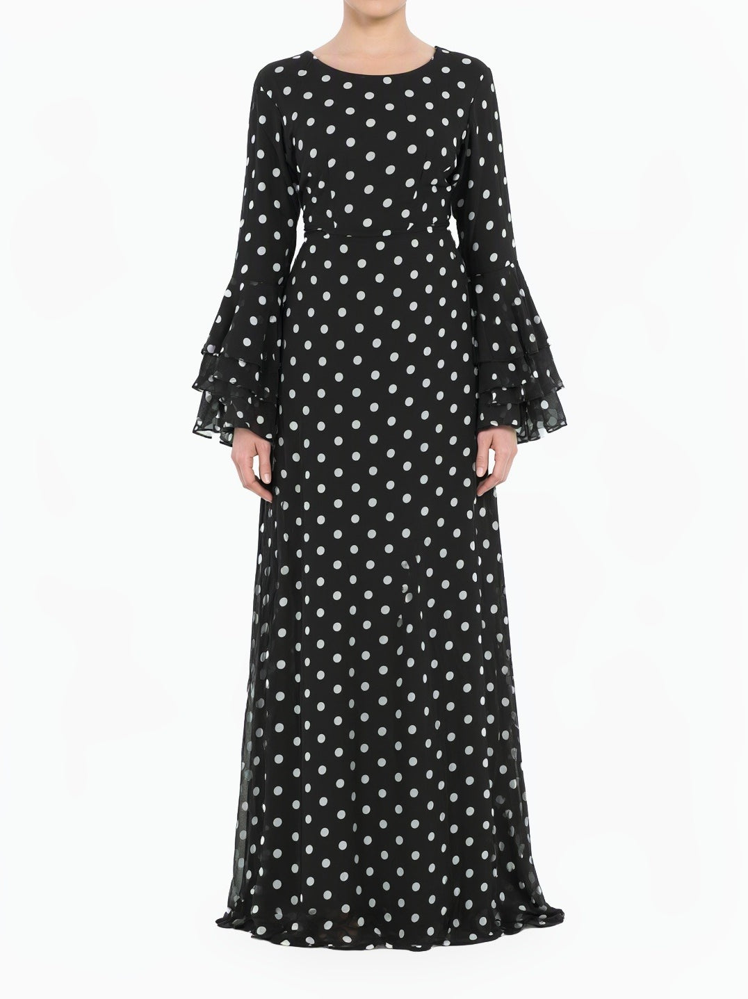 Black Polka Dot Verona Bell Sleeve Modest Maxi Dress Kabayare