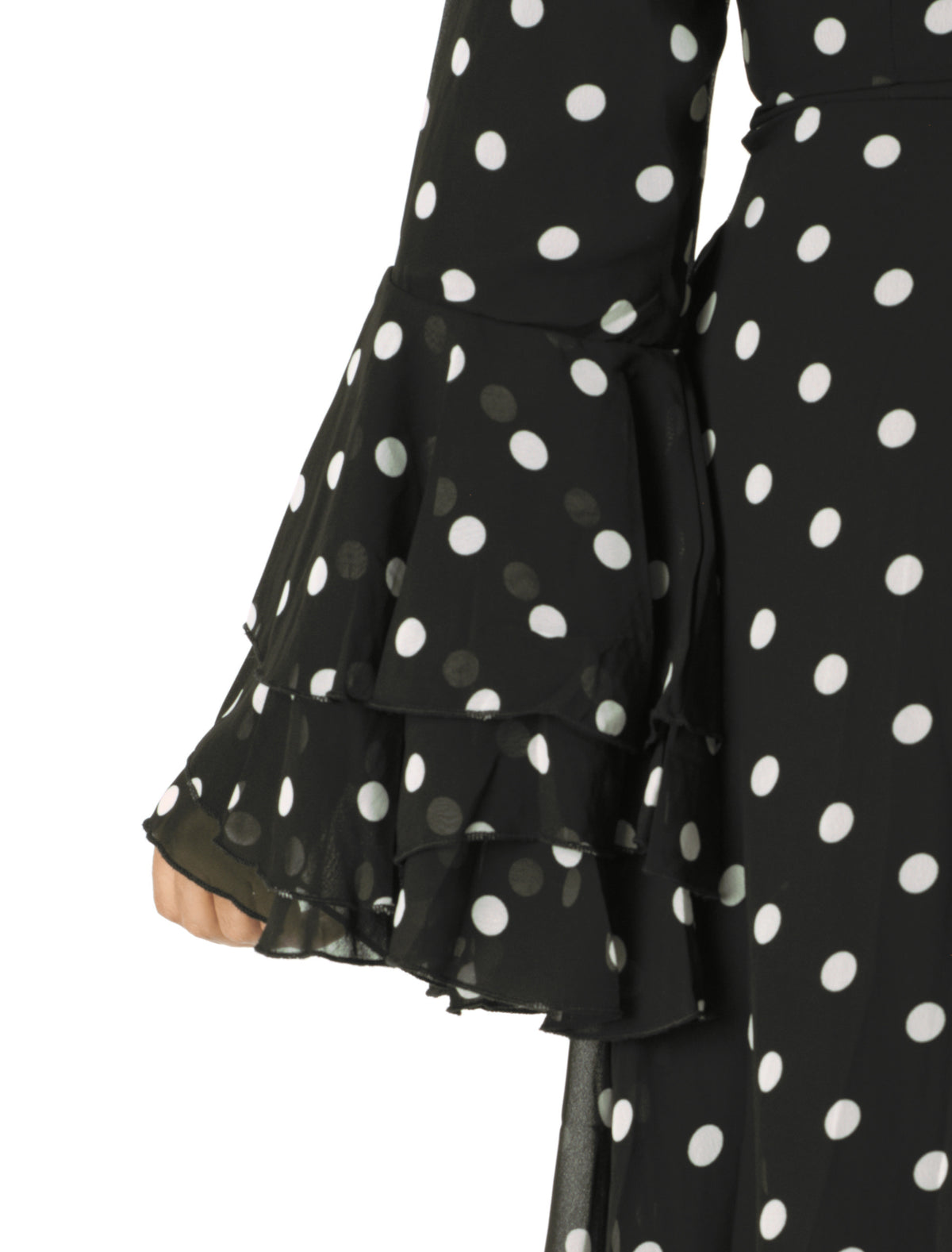 Black Polka Dot Verona Bell Sleeve Modest Maxi Dress: sleeve detail