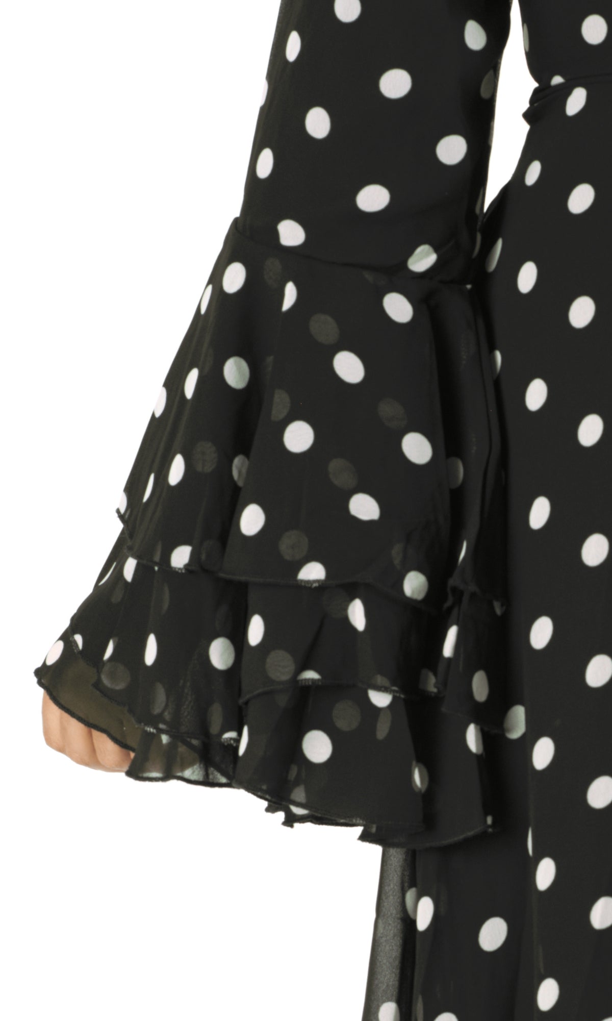 Black Polka Dot Verona Bell Sleeve Modest Maxi Dress: sleeve detail