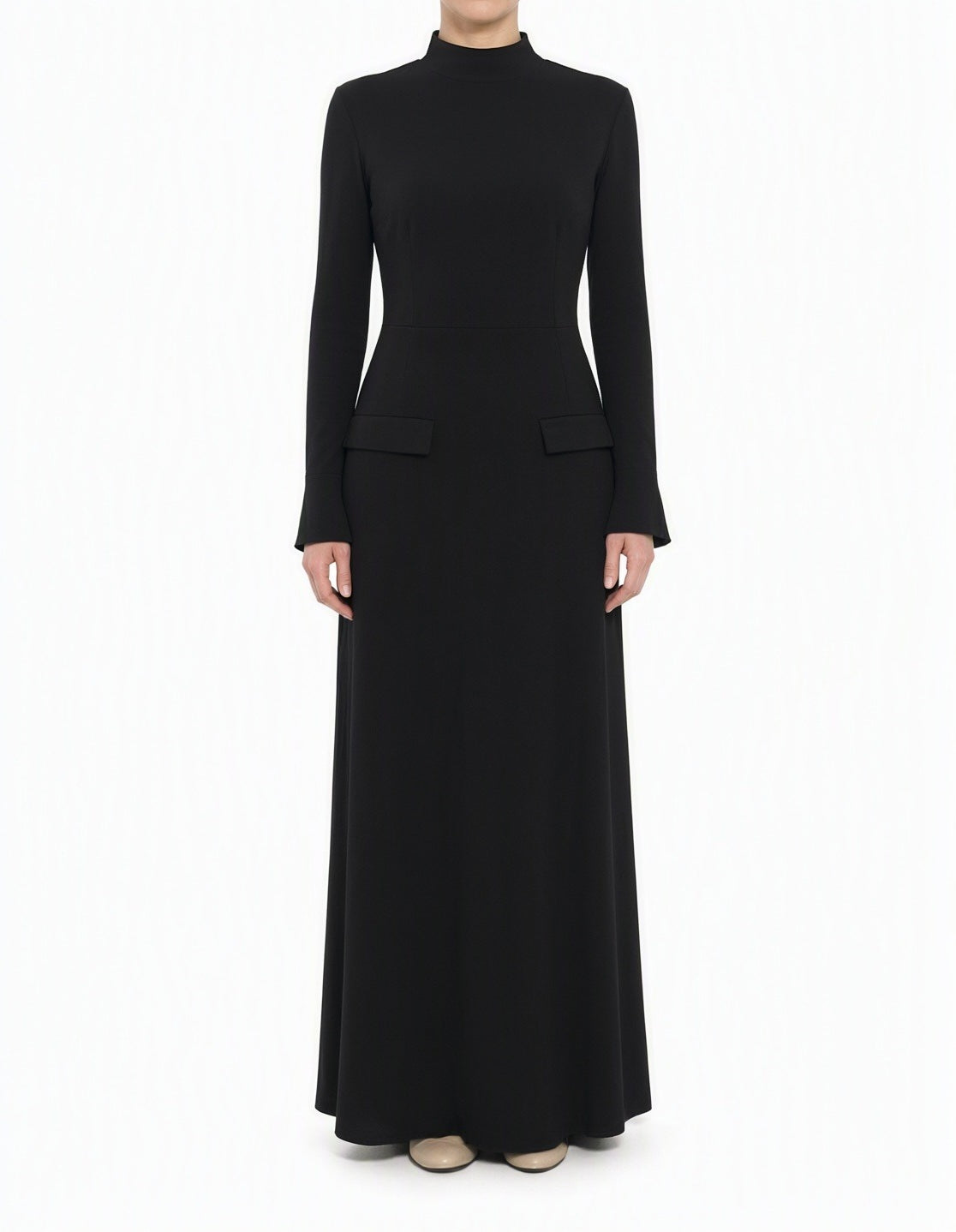 Black Savile mock neck modest maxi dress Kabayare