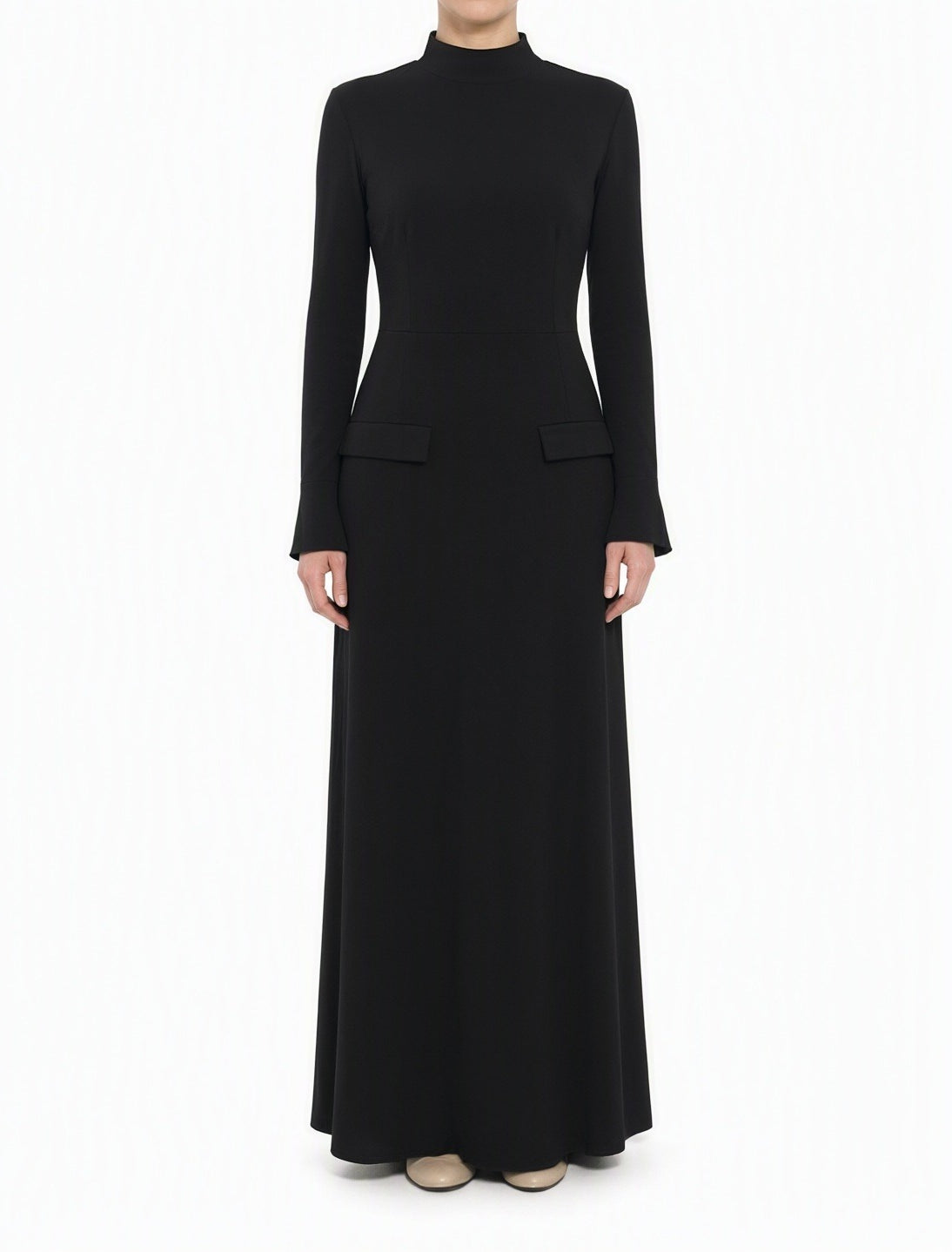 Black Savile mock neck modest maxi dress Kabayare