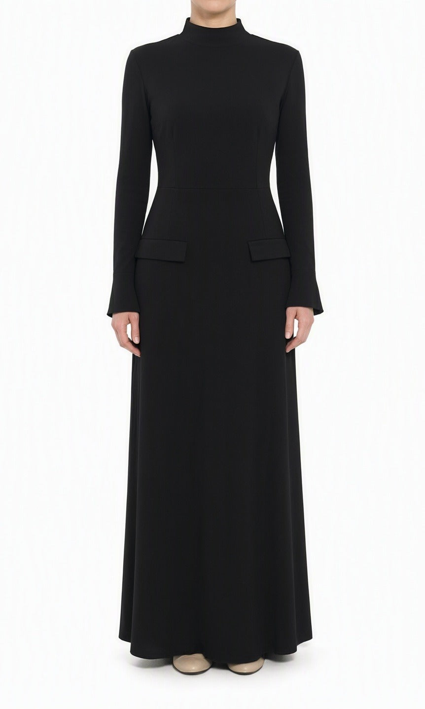Black Savile mock neck modest maxi dress Kabayare