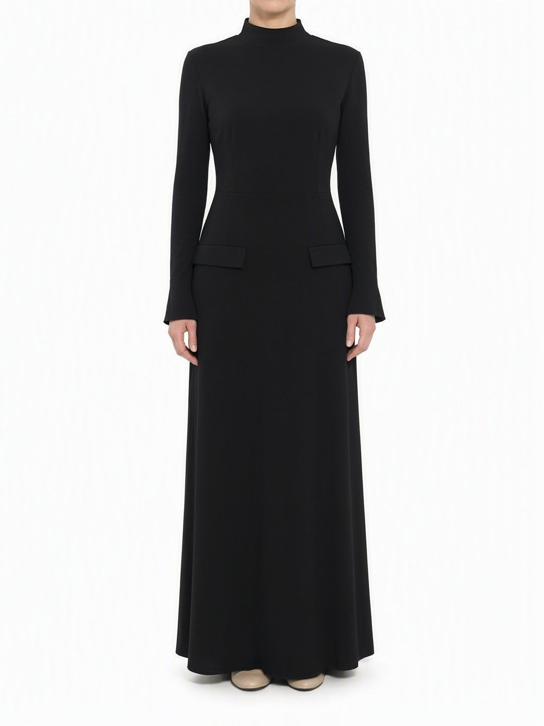 Black Savile mock neck modest maxi dress Kabayare