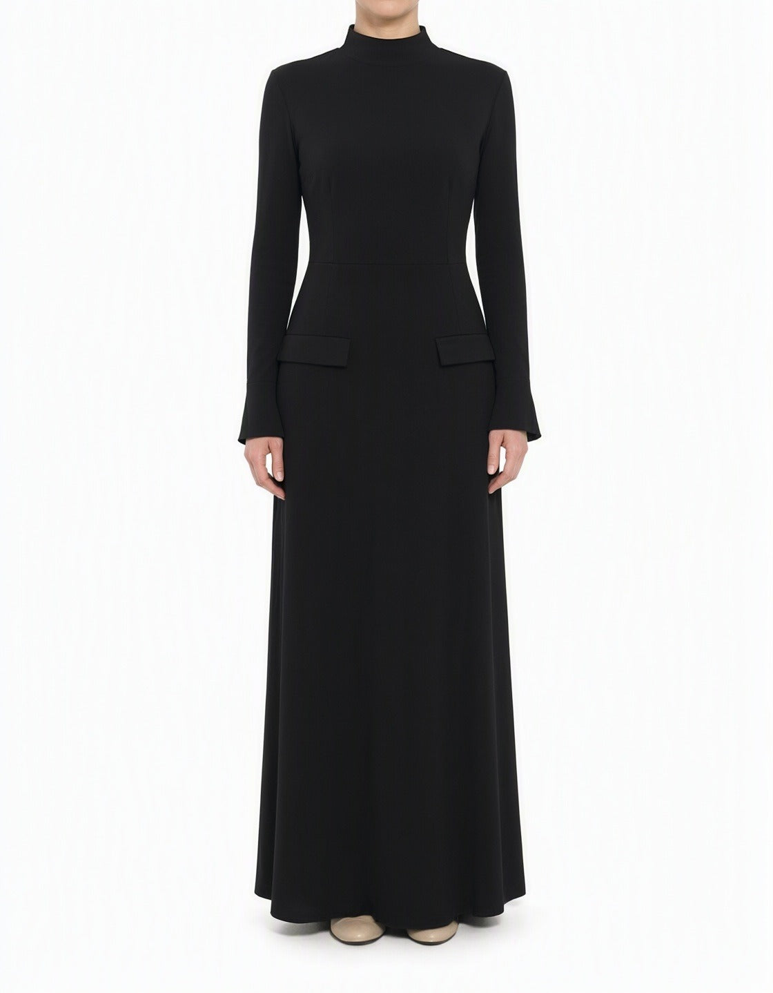 Black Savile mock neck modest maxi dress Kabayare