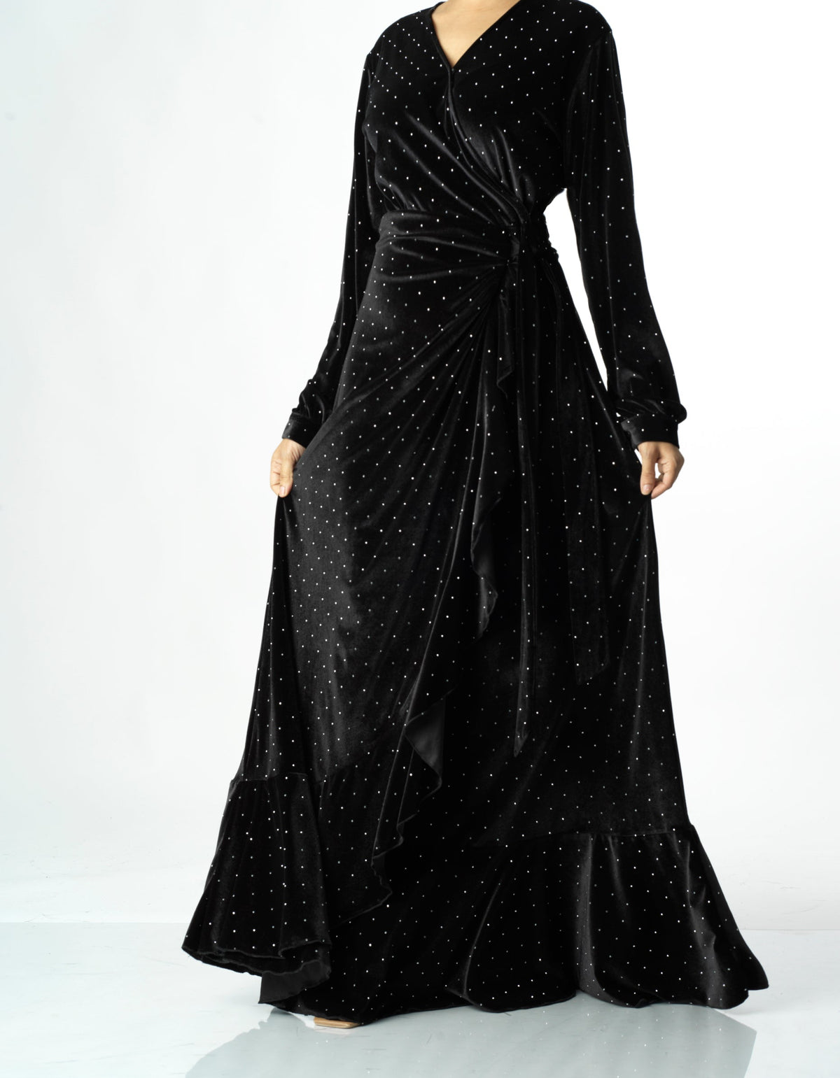 Black wrapped velvet modest maxi dress Kabayare