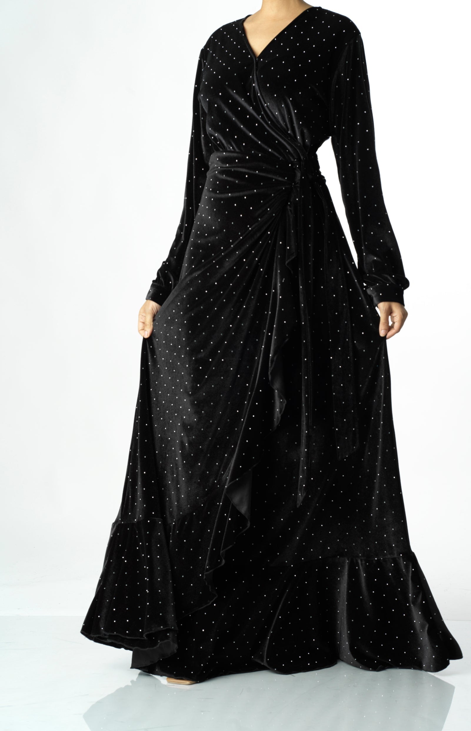 Black wrapped velvet modest maxi dress Kabayare