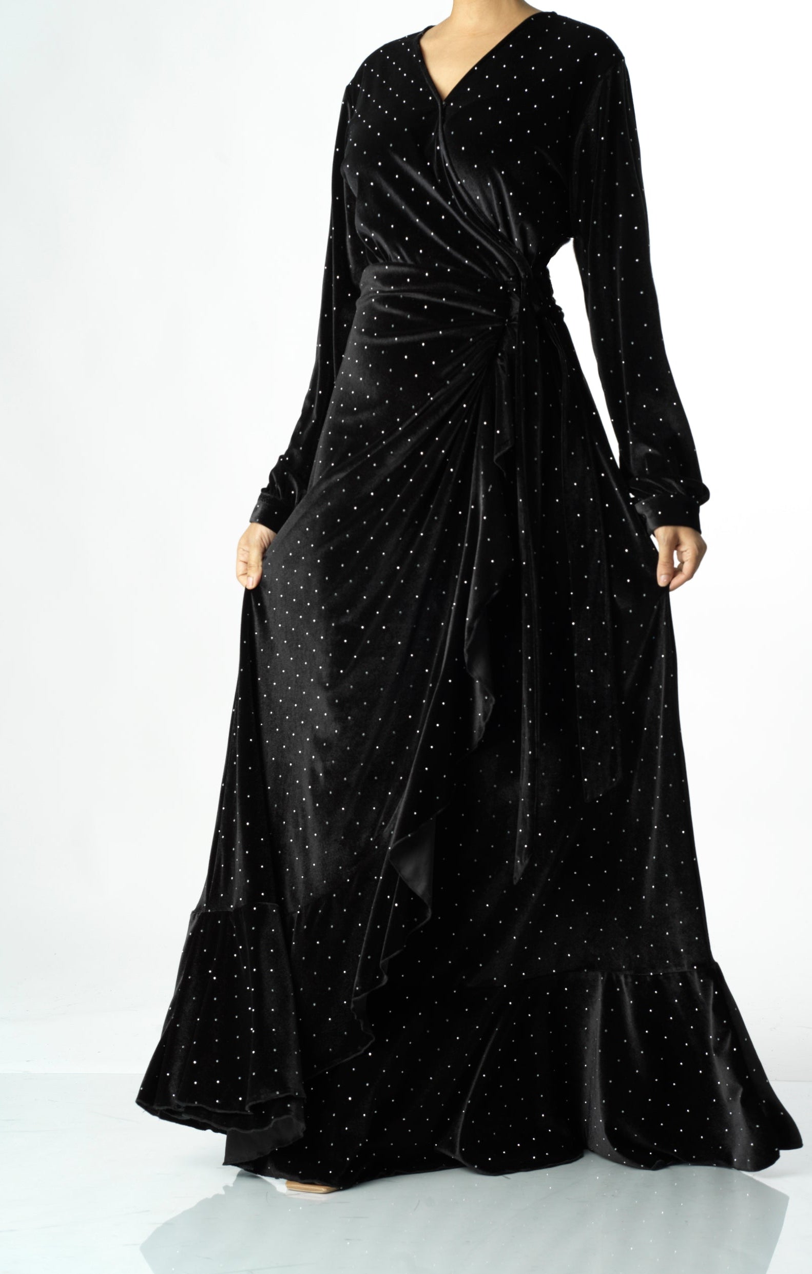Black wrapped velvet modest maxi dress Kabayare