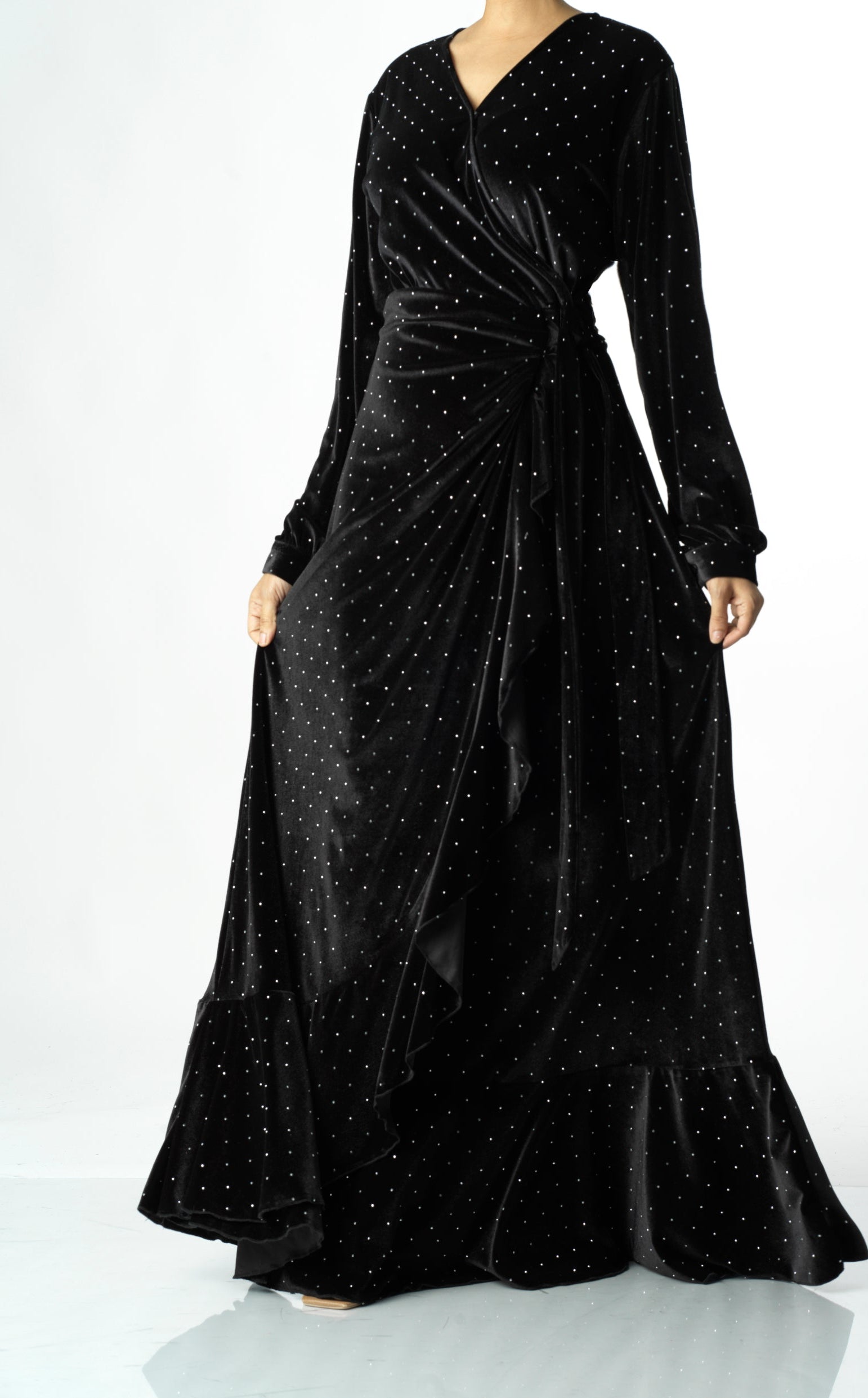 Black wrapped velvet modest maxi dress Kabayare