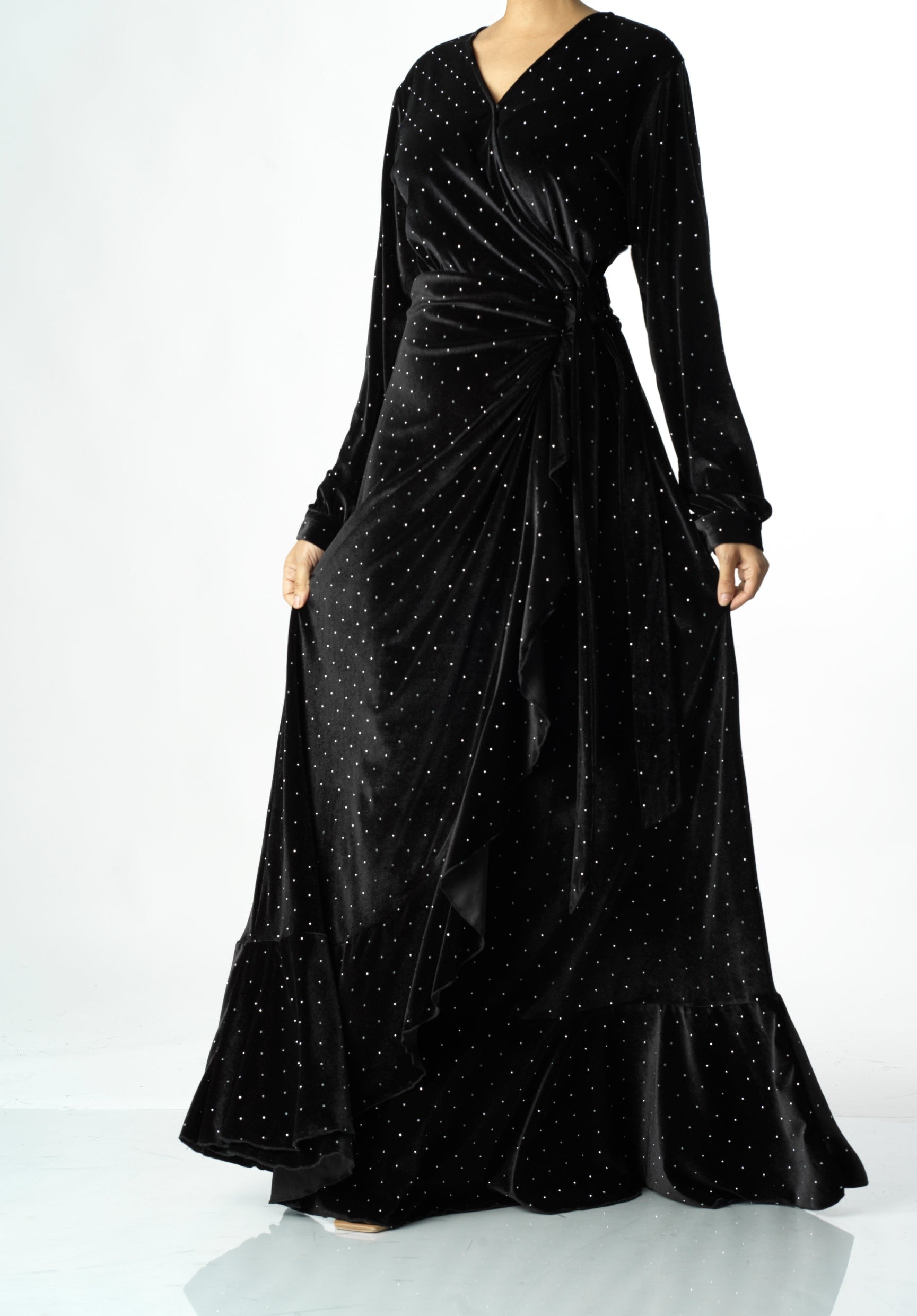 Black wrapped velvet modest maxi dress Kabayare