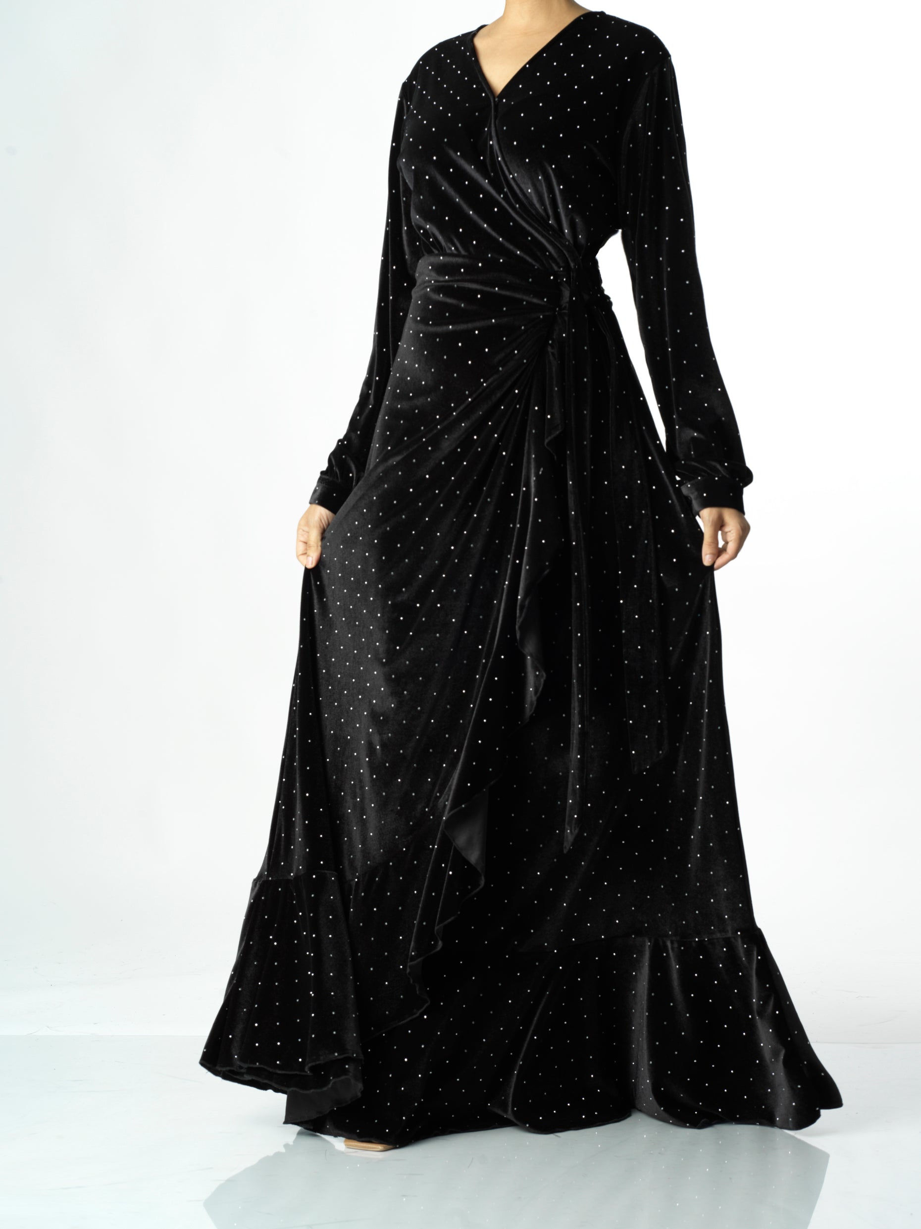 Black wrapped velvet modest maxi dress Kabayare