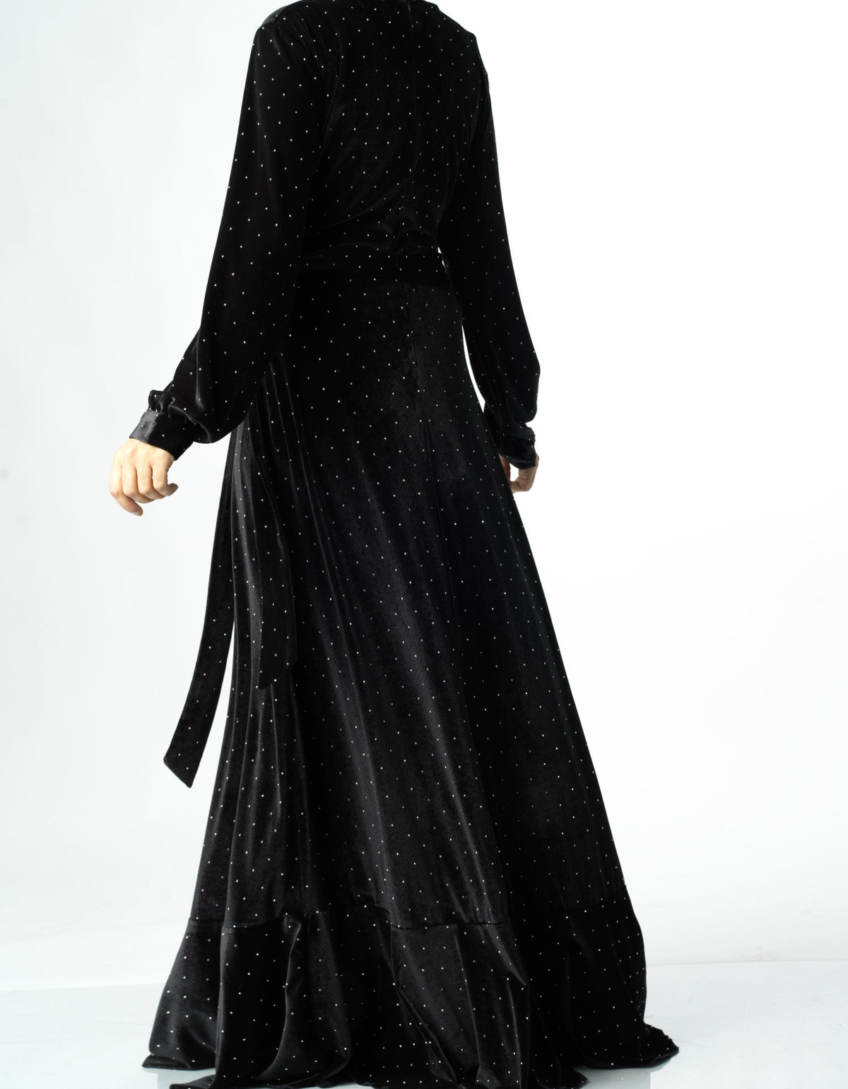 Black wrapped velvet modest maxi dress Kabayare