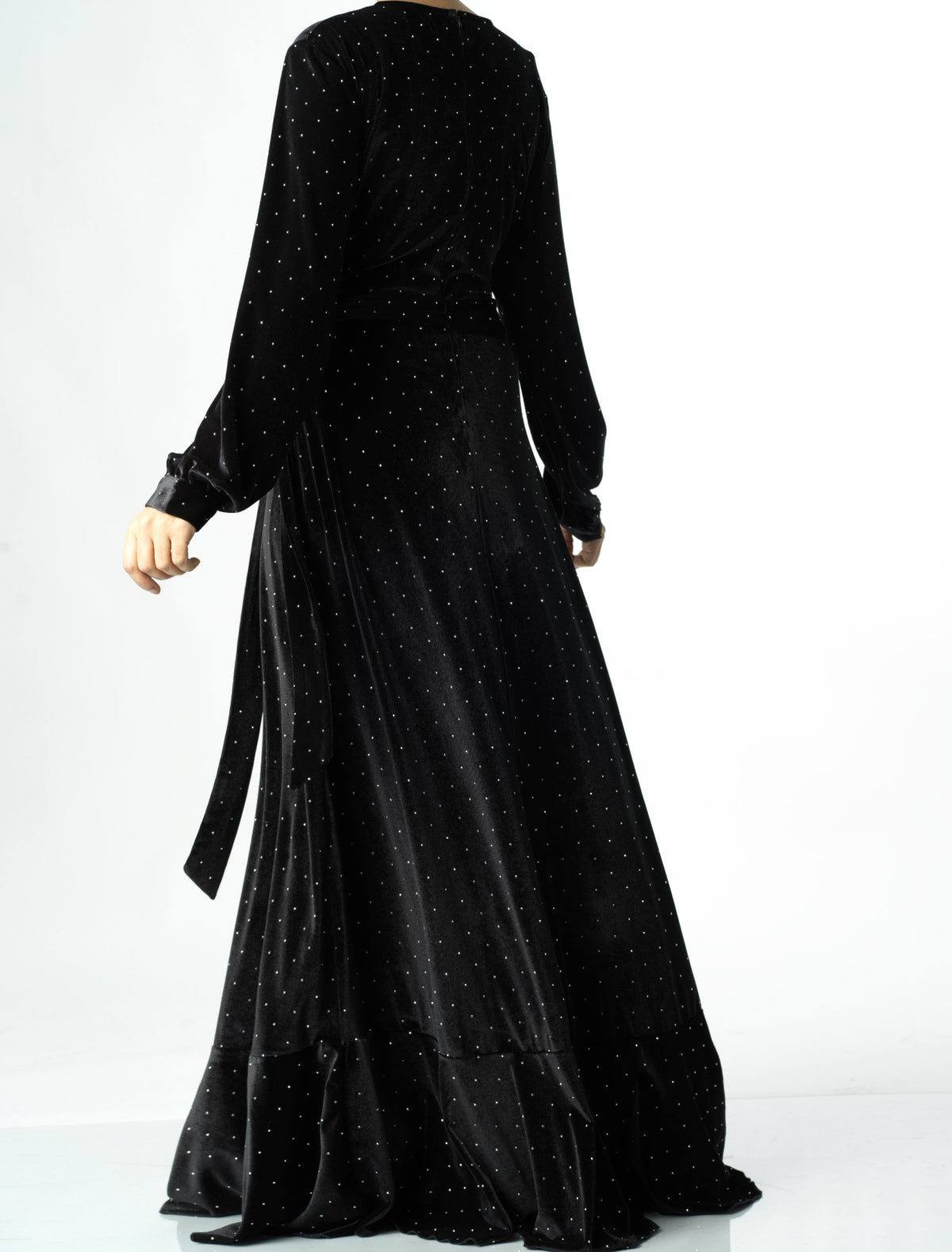 Black wrapped velvet modest maxi dress Kabayare