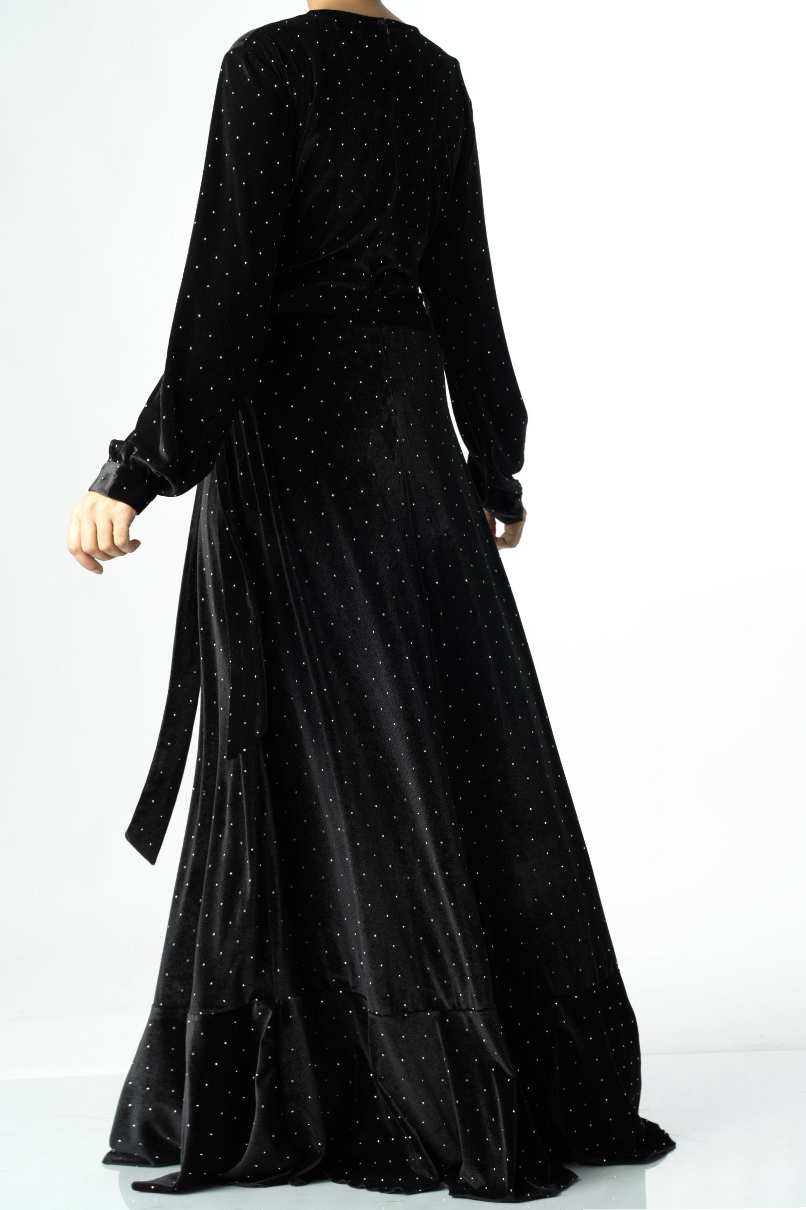 Black wrapped velvet modest maxi dress Kabayare