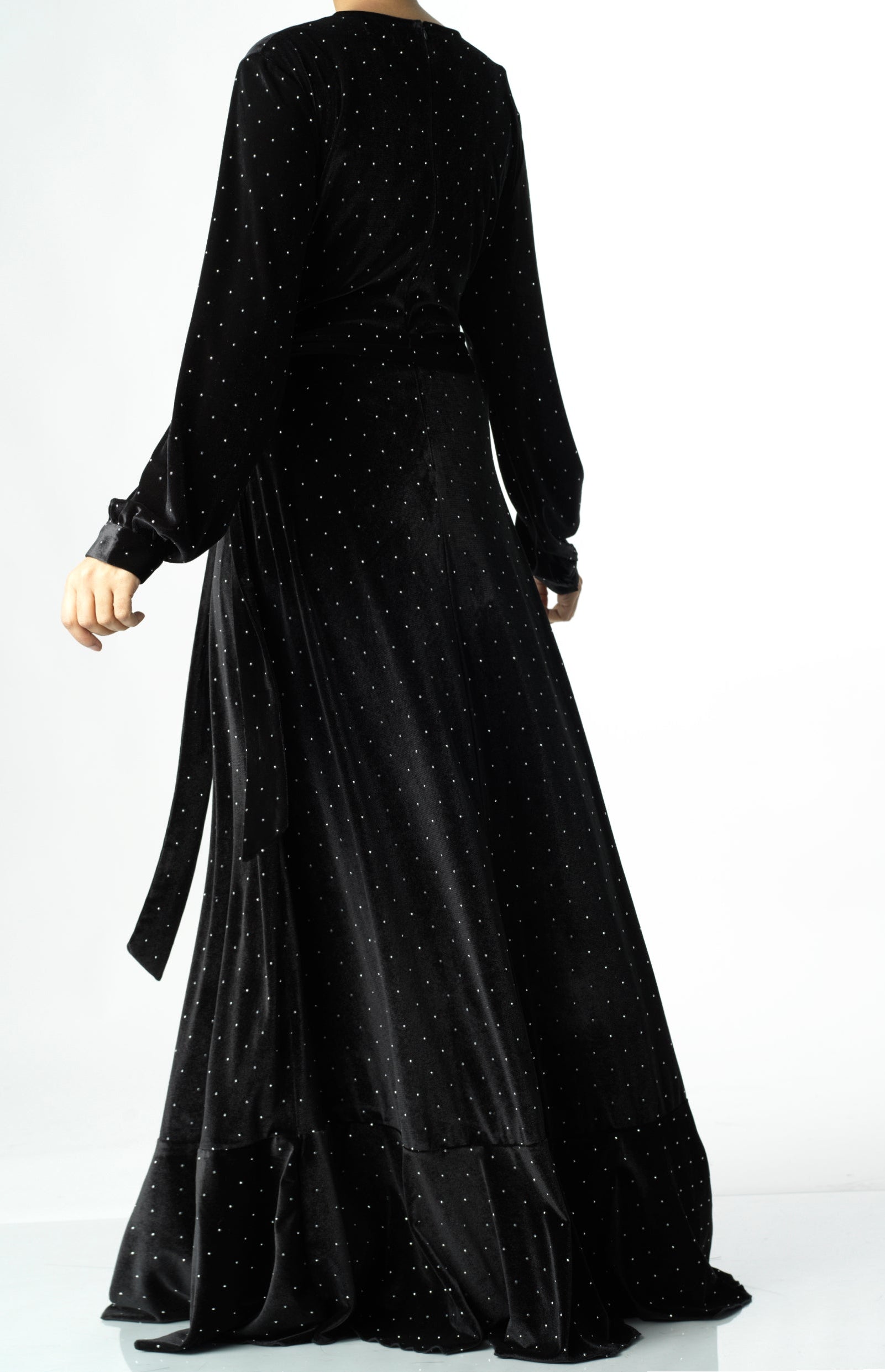 Black wrapped velvet modest maxi dress Kabayare