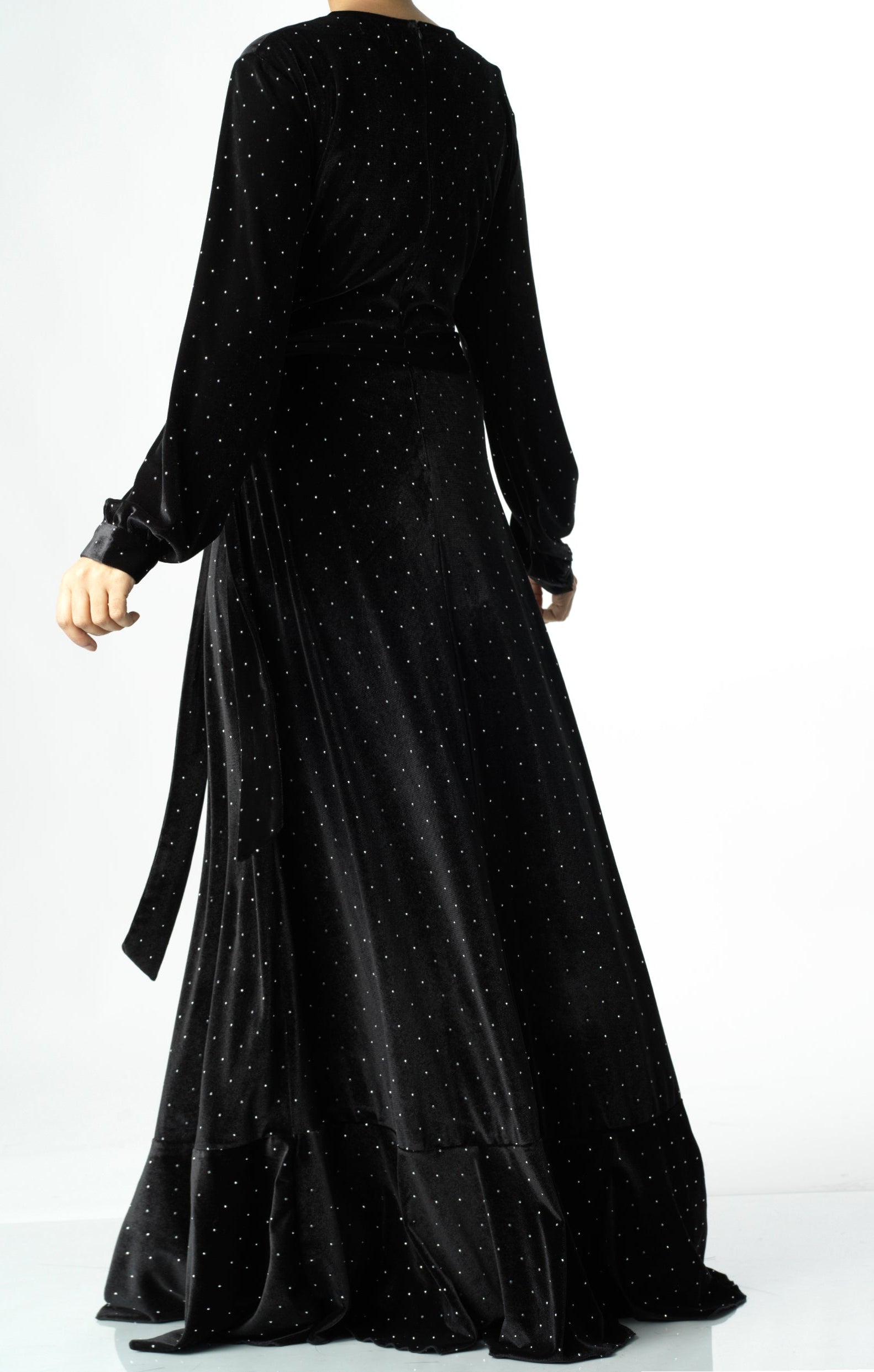 Black wrapped velvet modest maxi dress Kabayare