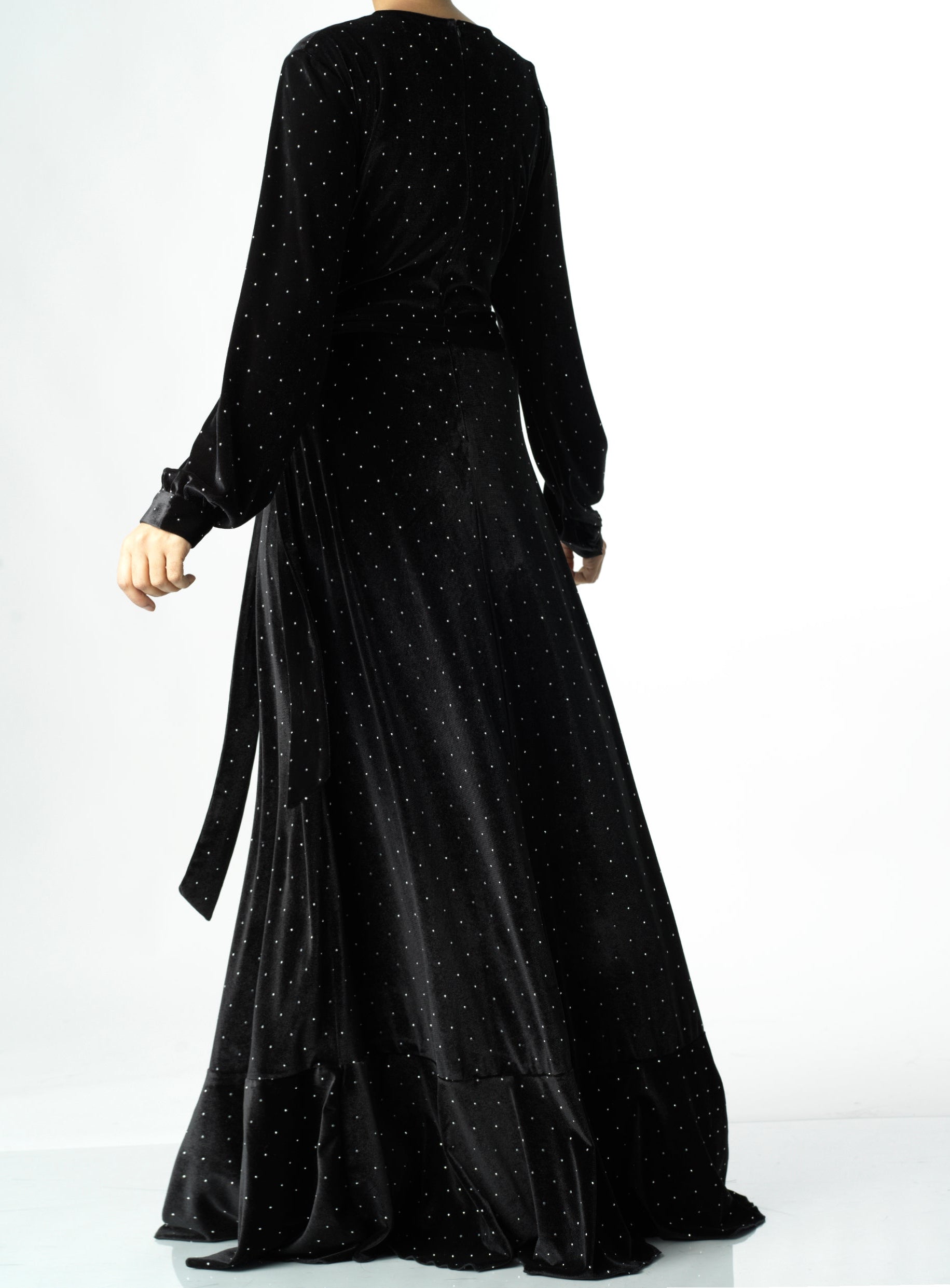 Black wrapped velvet modest maxi dress Kabayare