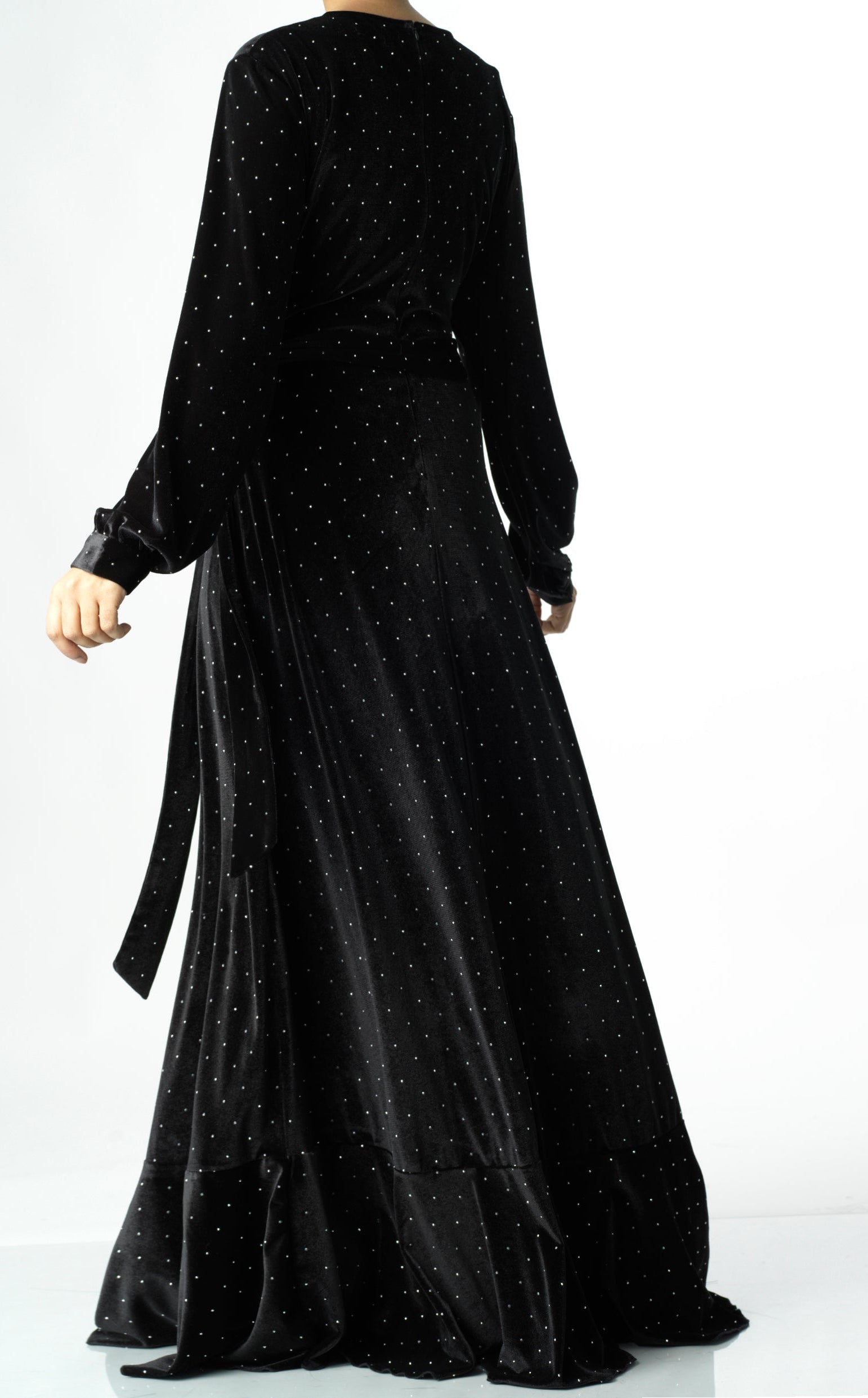 Black wrapped velvet modest maxi dress Kabayare