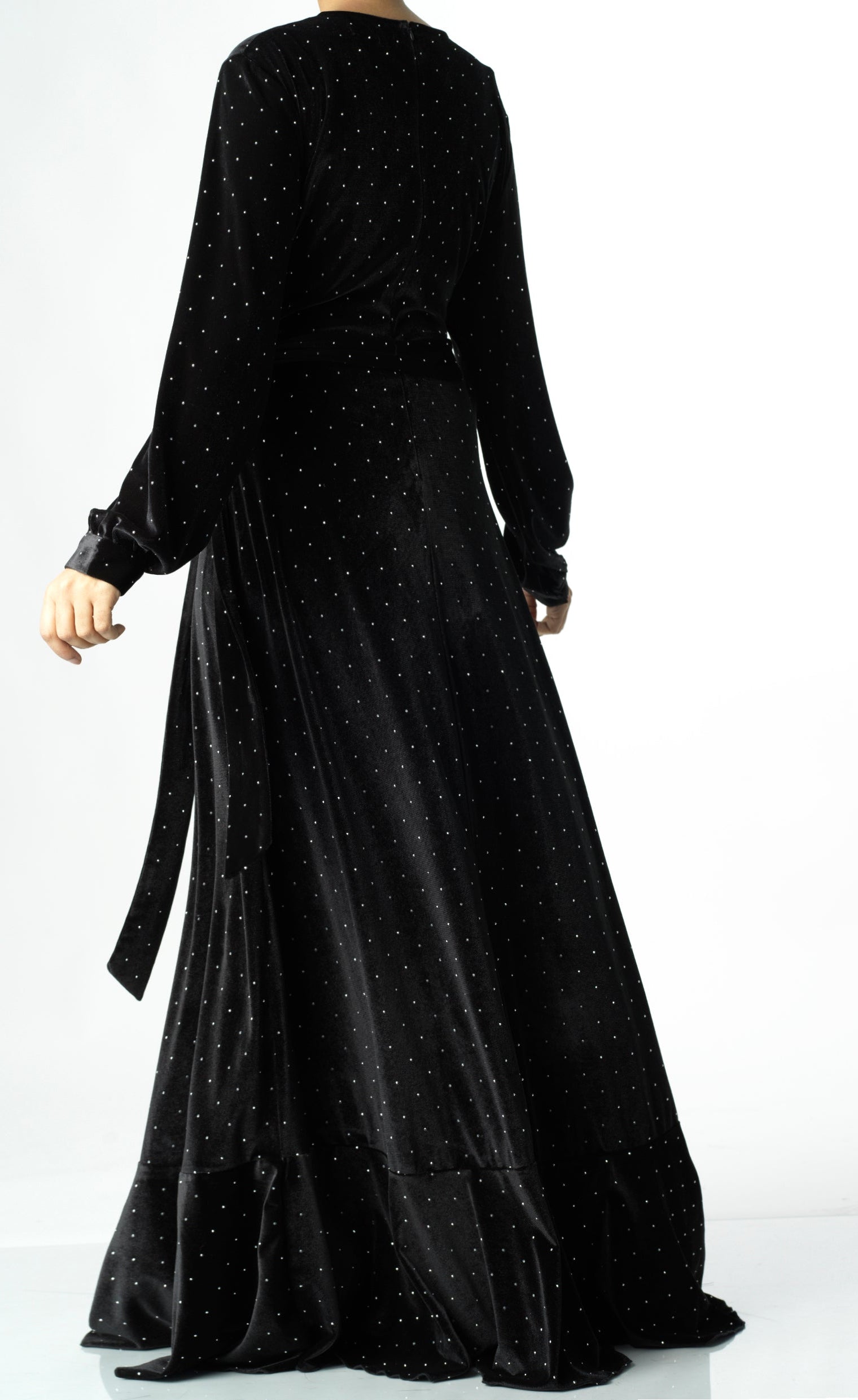 Black wrapped velvet modest maxi dress Kabayare