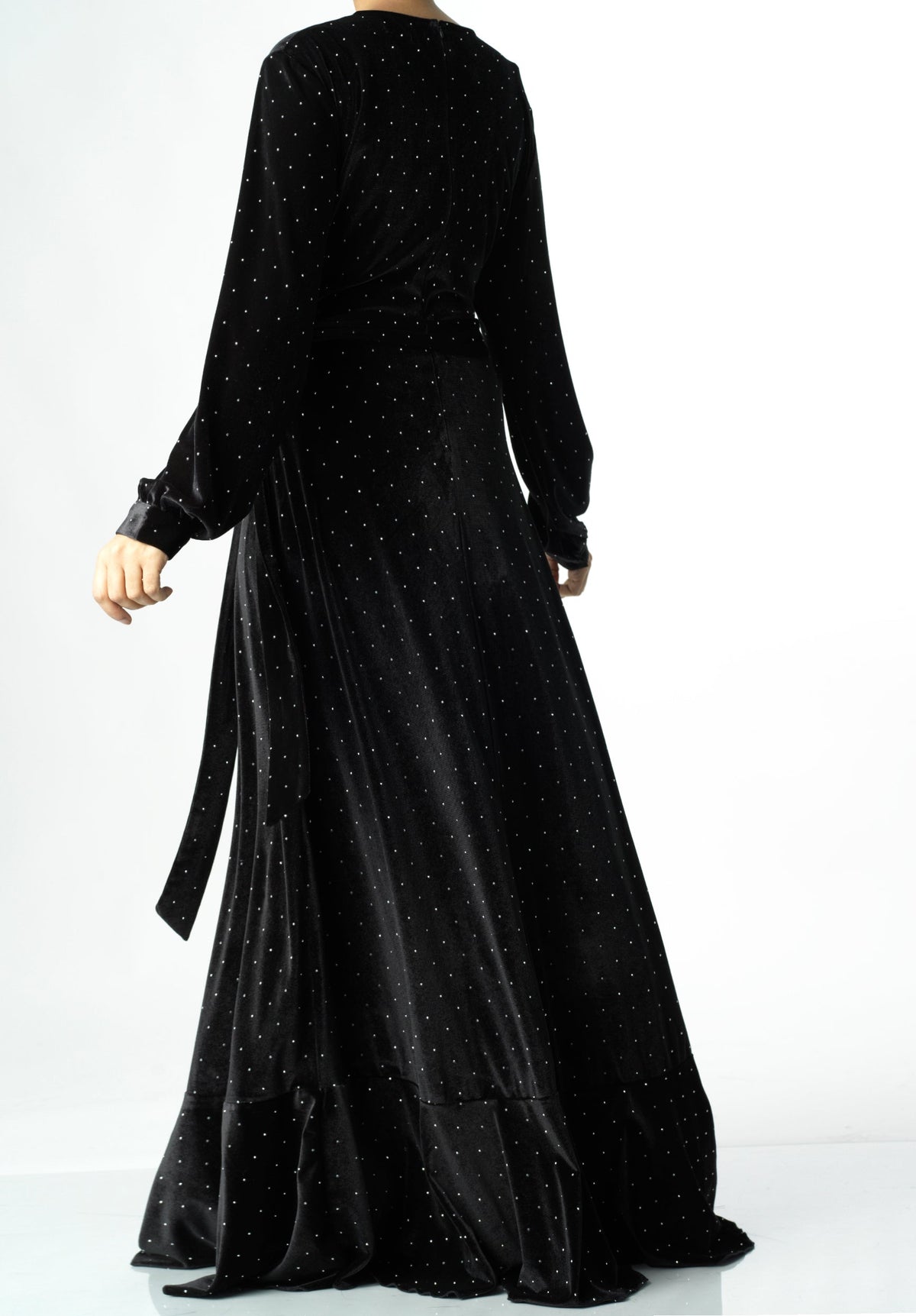 Black wrapped velvet modest maxi dress Kabayare
