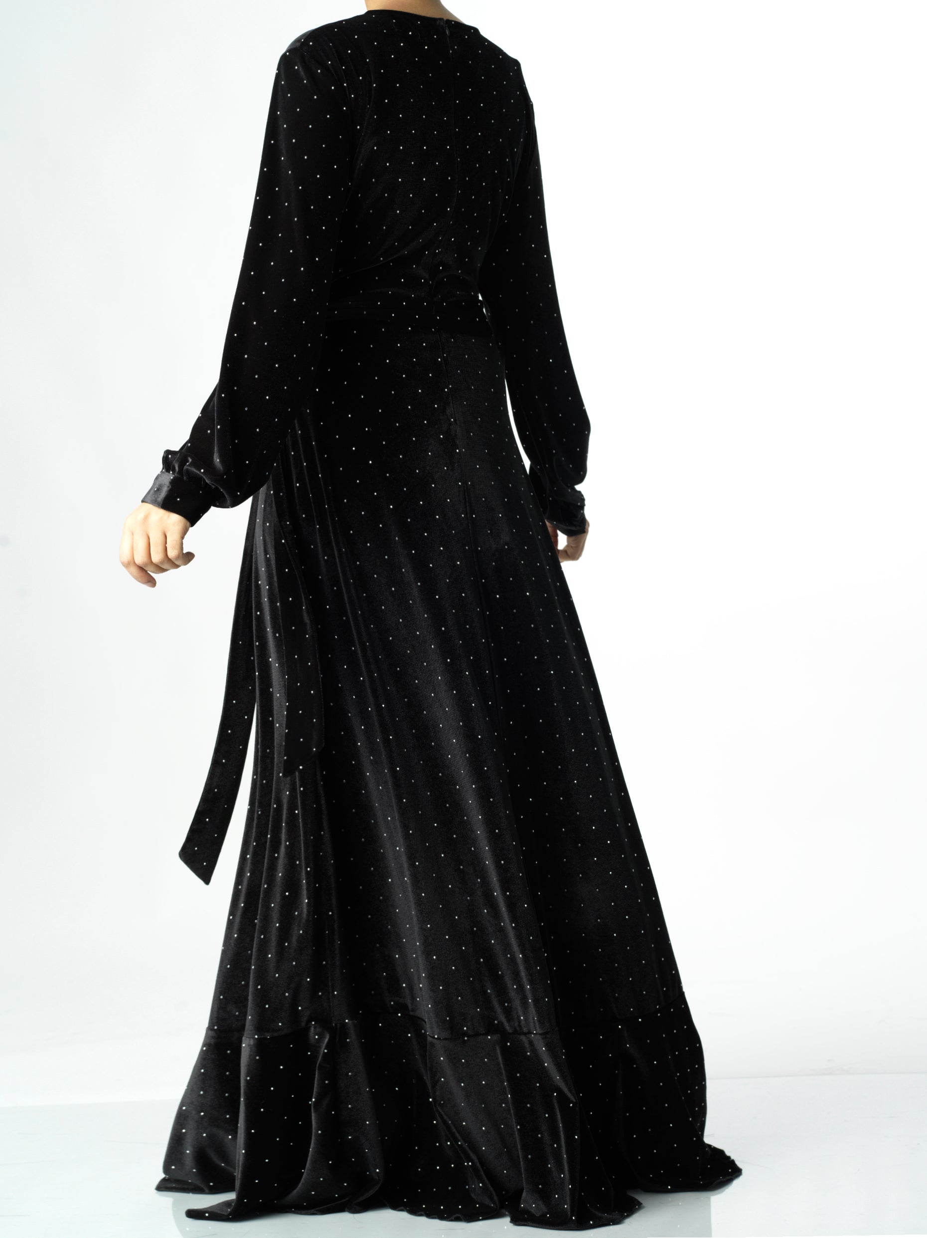 Black wrapped velvet modest maxi dress Kabayare