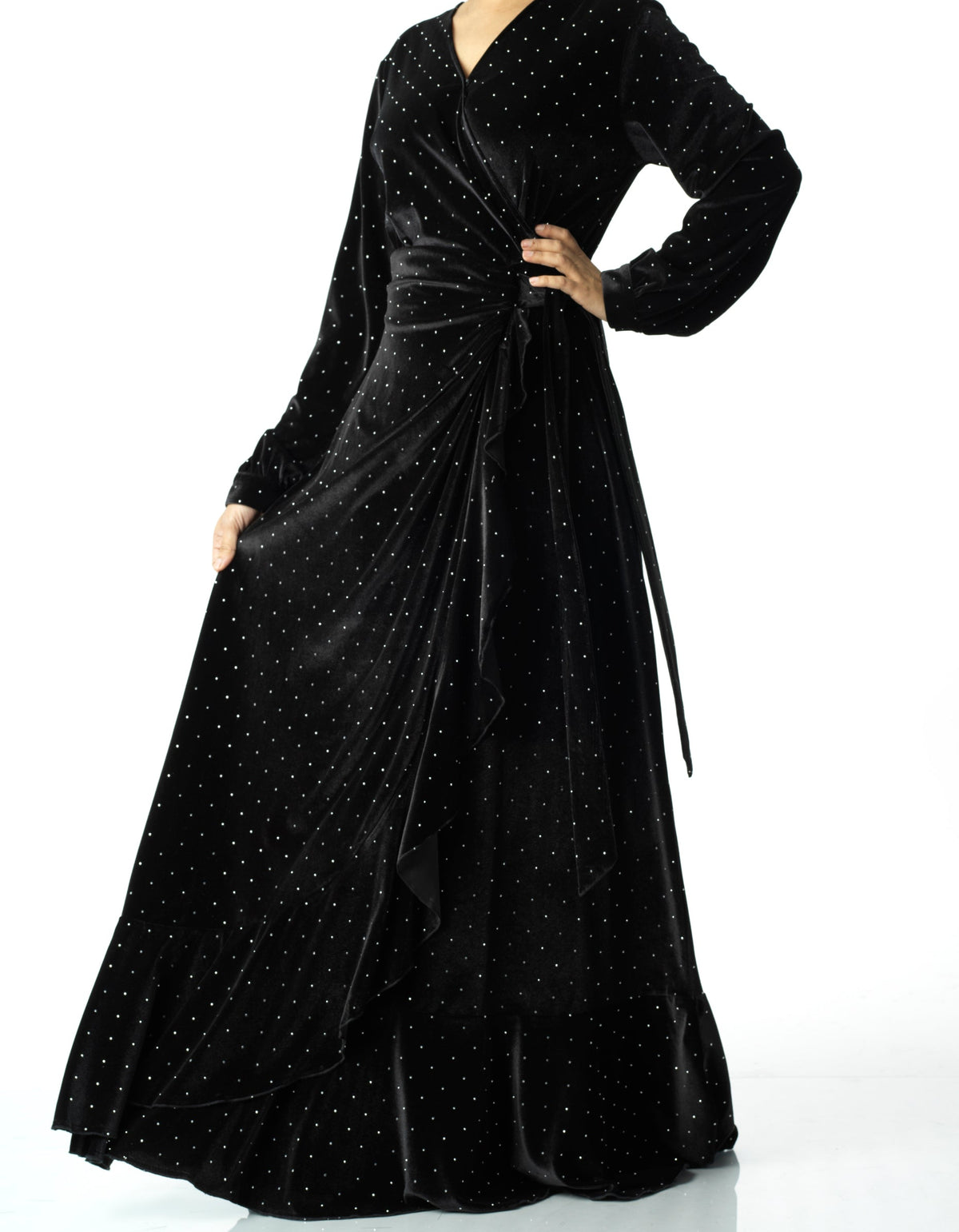 Black wrapped velvet modest maxi dress Kabayare