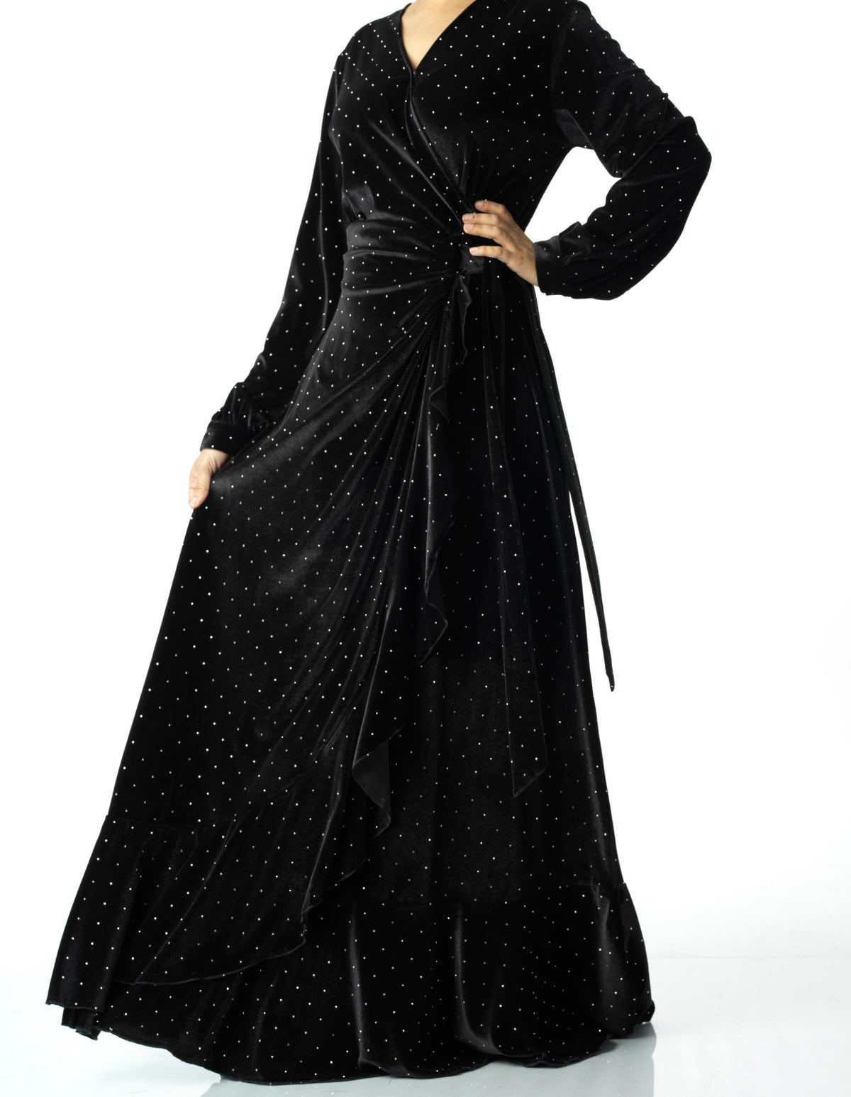 Black wrapped velvet modest maxi dress Kabayare
