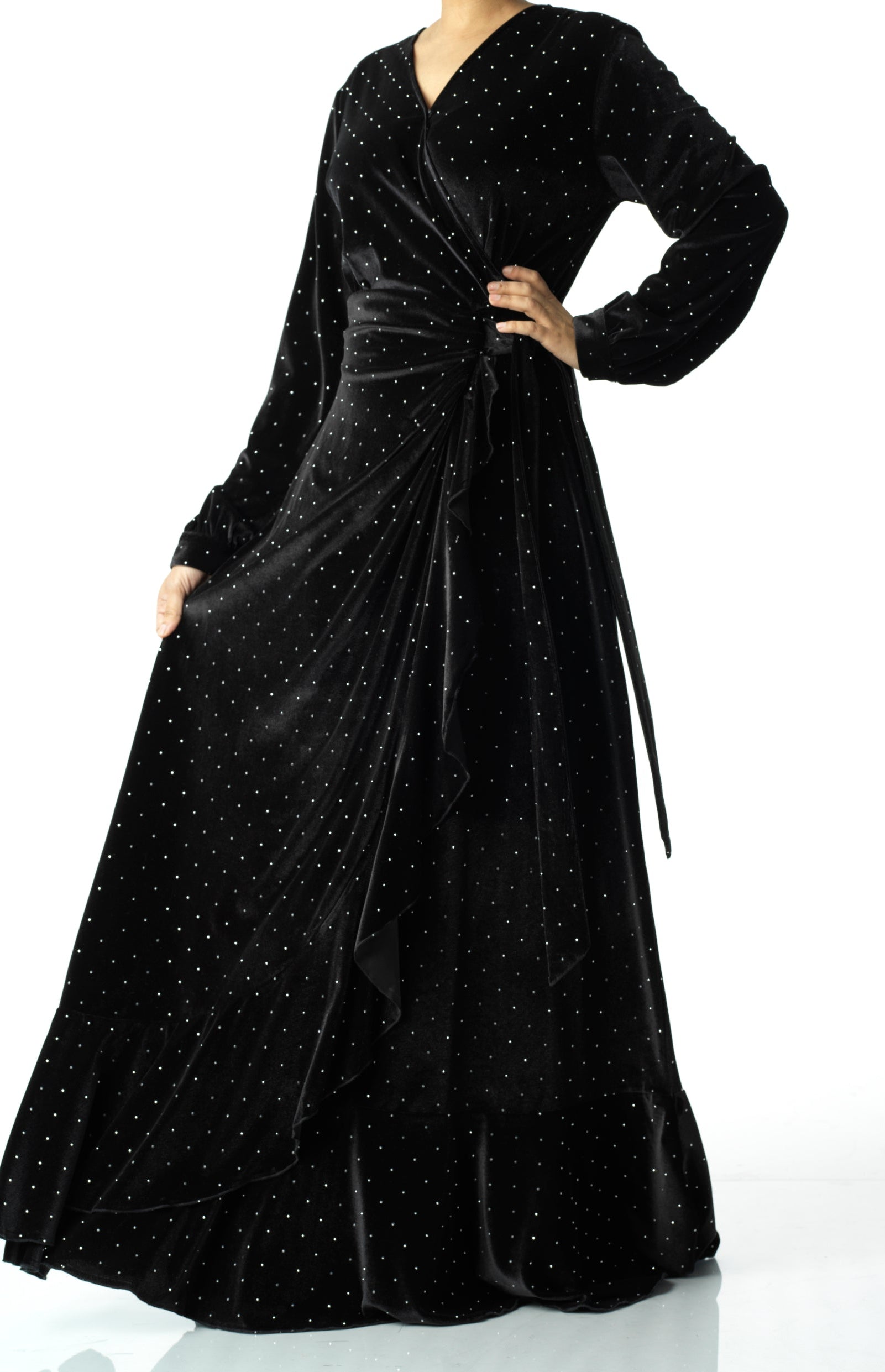 Black wrapped velvet modest maxi dress Kabayare